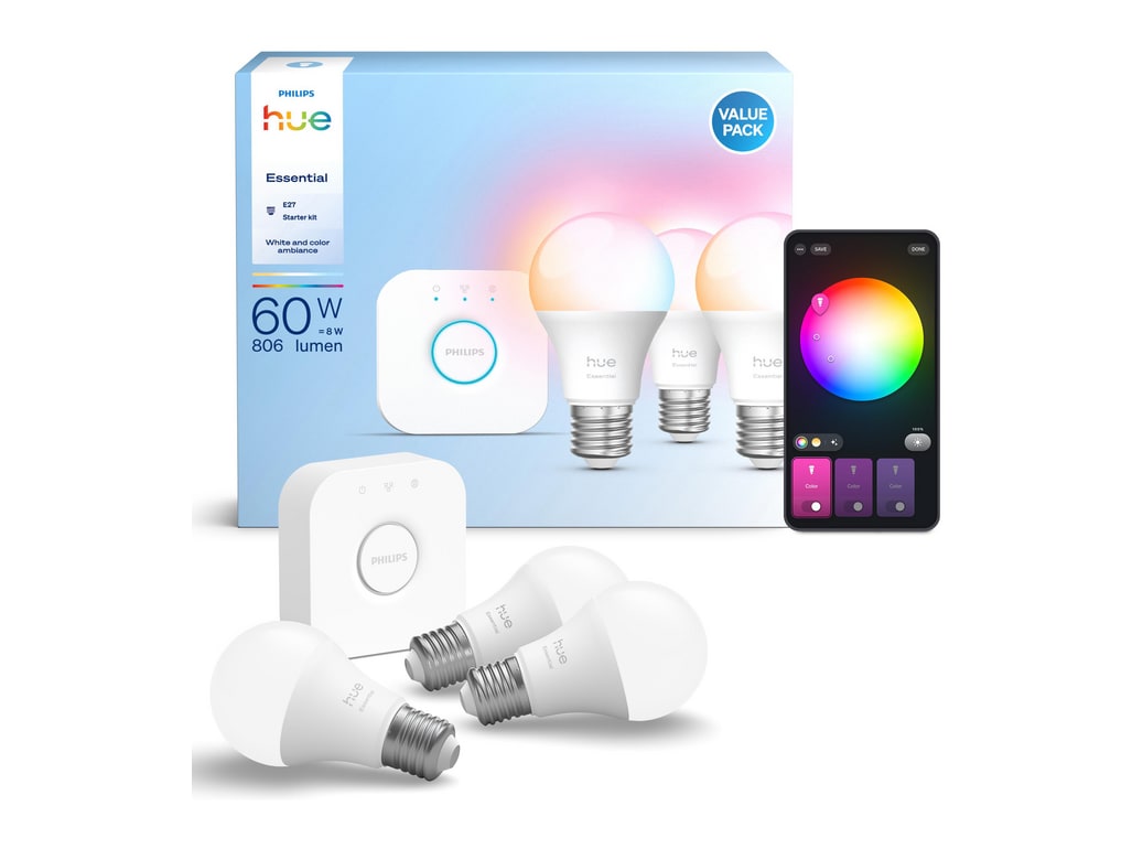 Philips - Hue Essential Kit: Hue Bridge + 3 E27 Bulbs Smart Lighting - White (EU)
