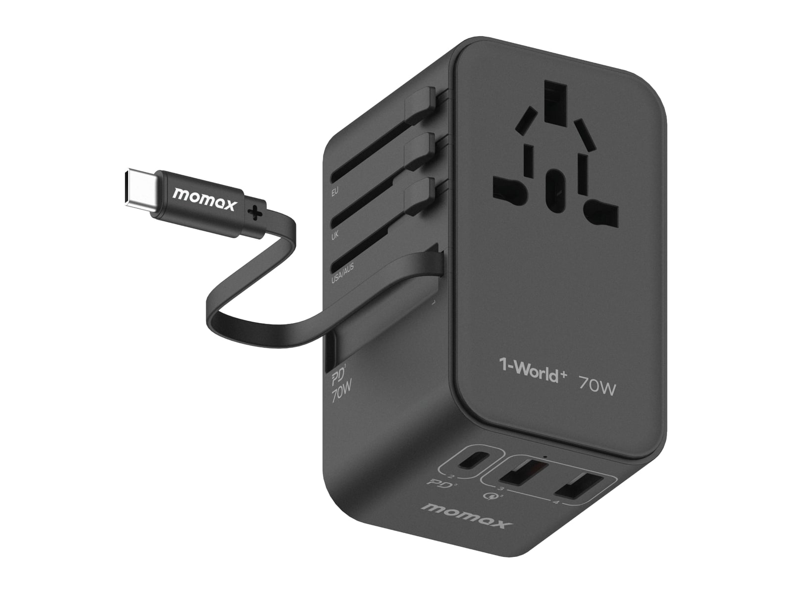 MOMAX - 1-World+ 3-Port Travel GaN Charger With Built-in USB-C Cable 70W Black Wall Chargers
