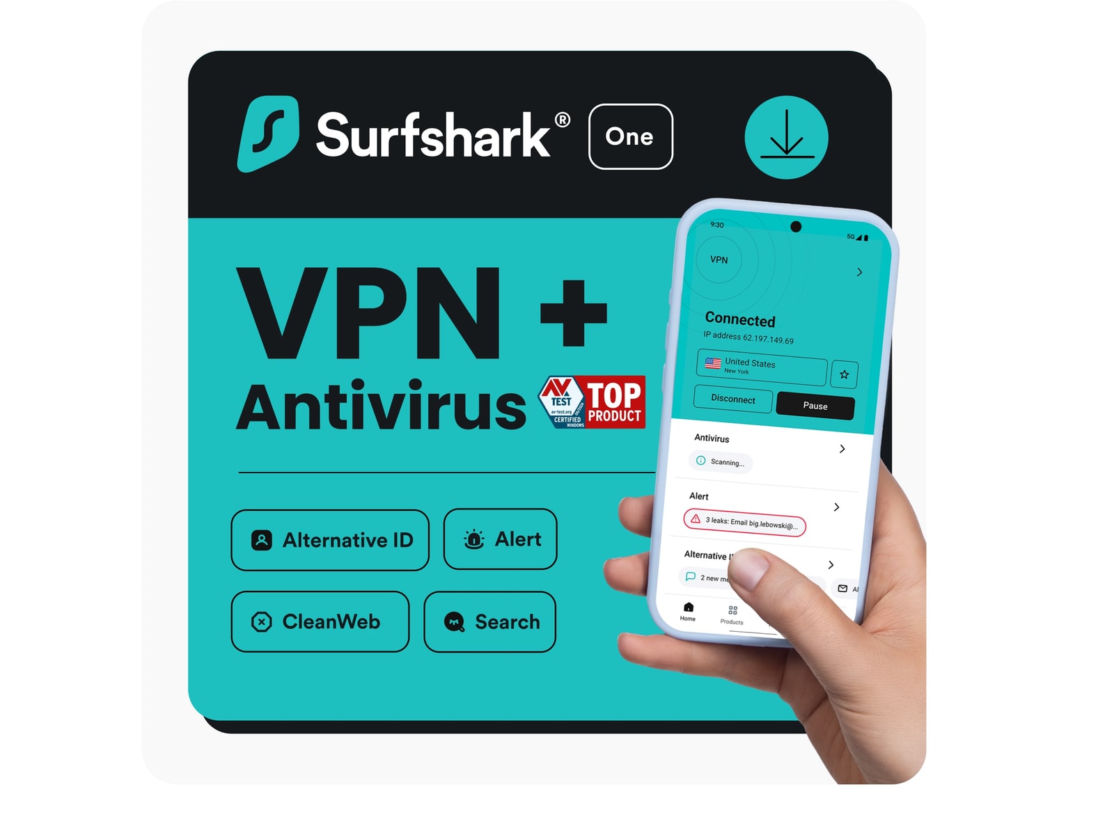 Surfshark - One: Antivirus + VPN (5 Devices, 1-Year) Antivirus Software