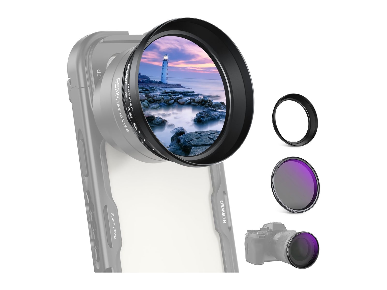 Neewer - 58mm Variable ND2-32 Filter with Lens Hood for 65mm Telephoto Phone Lens Camera Accessories