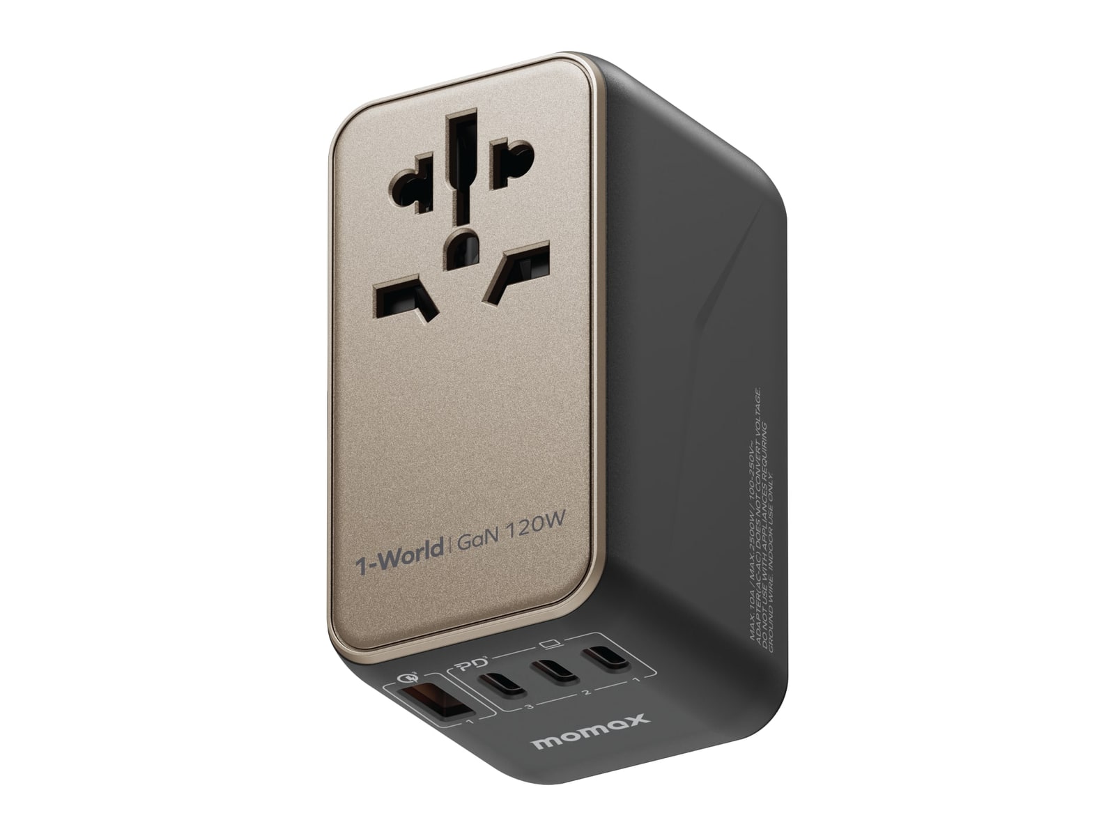 MOMAX - 1-World Universal 4-Port Travel GaN Charger 120W + USB-C Cable Titanium Wall Chargers