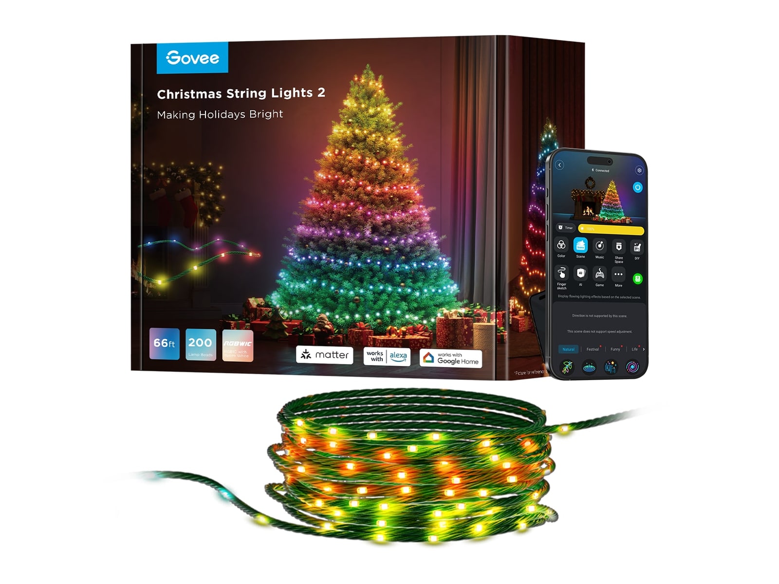 Govee - Christmas String Lights 2 66ft Green String Light Only Smart Lighting