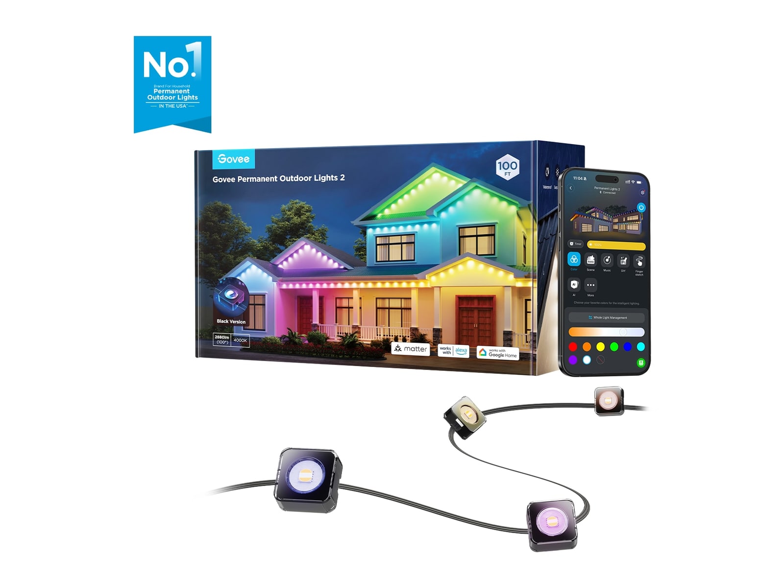 Govee - Permanent Outdoor Lights 2 100ft Smart Lighting - Black