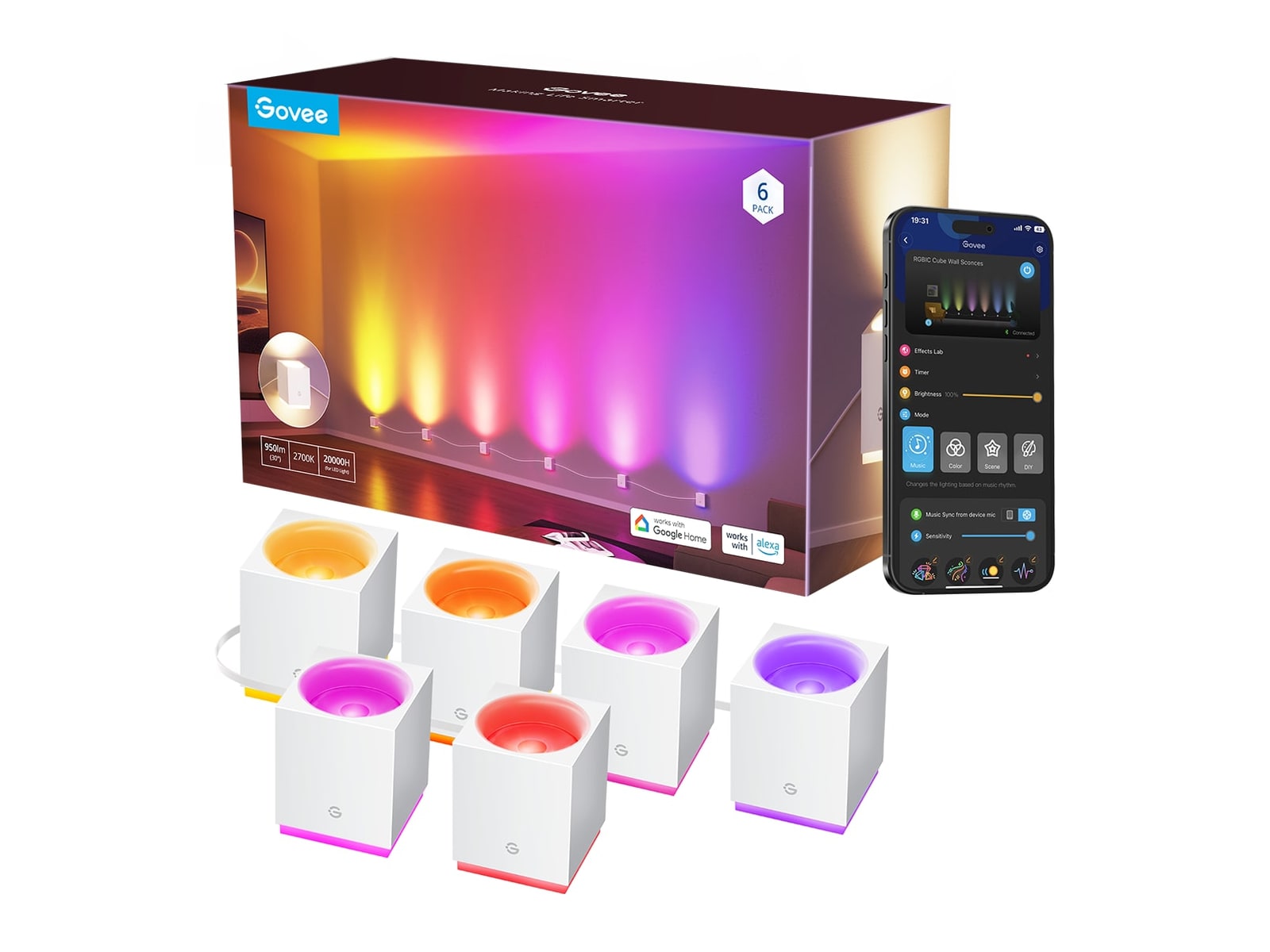 Govee - RGBIC Cube Wall Sconces H6088 6 Pack Smart Lighting