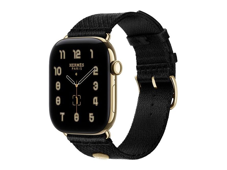 Apple - Apple Watch Hermes Series 12 (GPS + Cellular) 46mm Radiant Gold Titanium Case with Noir Satin Clou de Selle - Radiant Gold Titanium