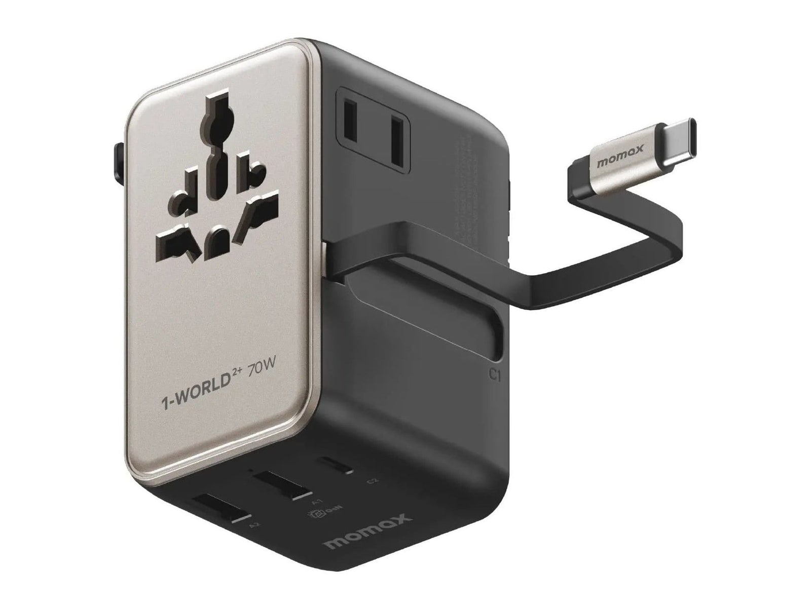 MOMAX - 1-World2+70W 3-Port Dual AC Travel Adapter Titanium Wall Chargers
