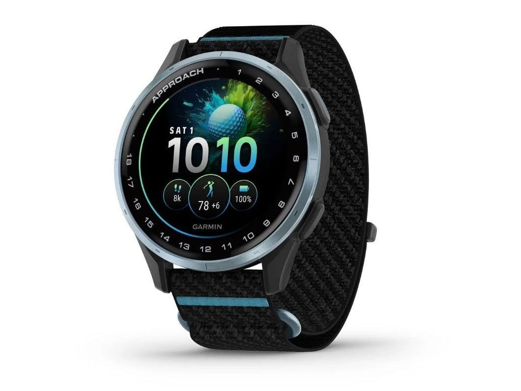 Garmin - Approach J1, Cloud Blue Aluminum Bezel with Black/Azure ComfortFit Fabric Band Smart Watches - Blue