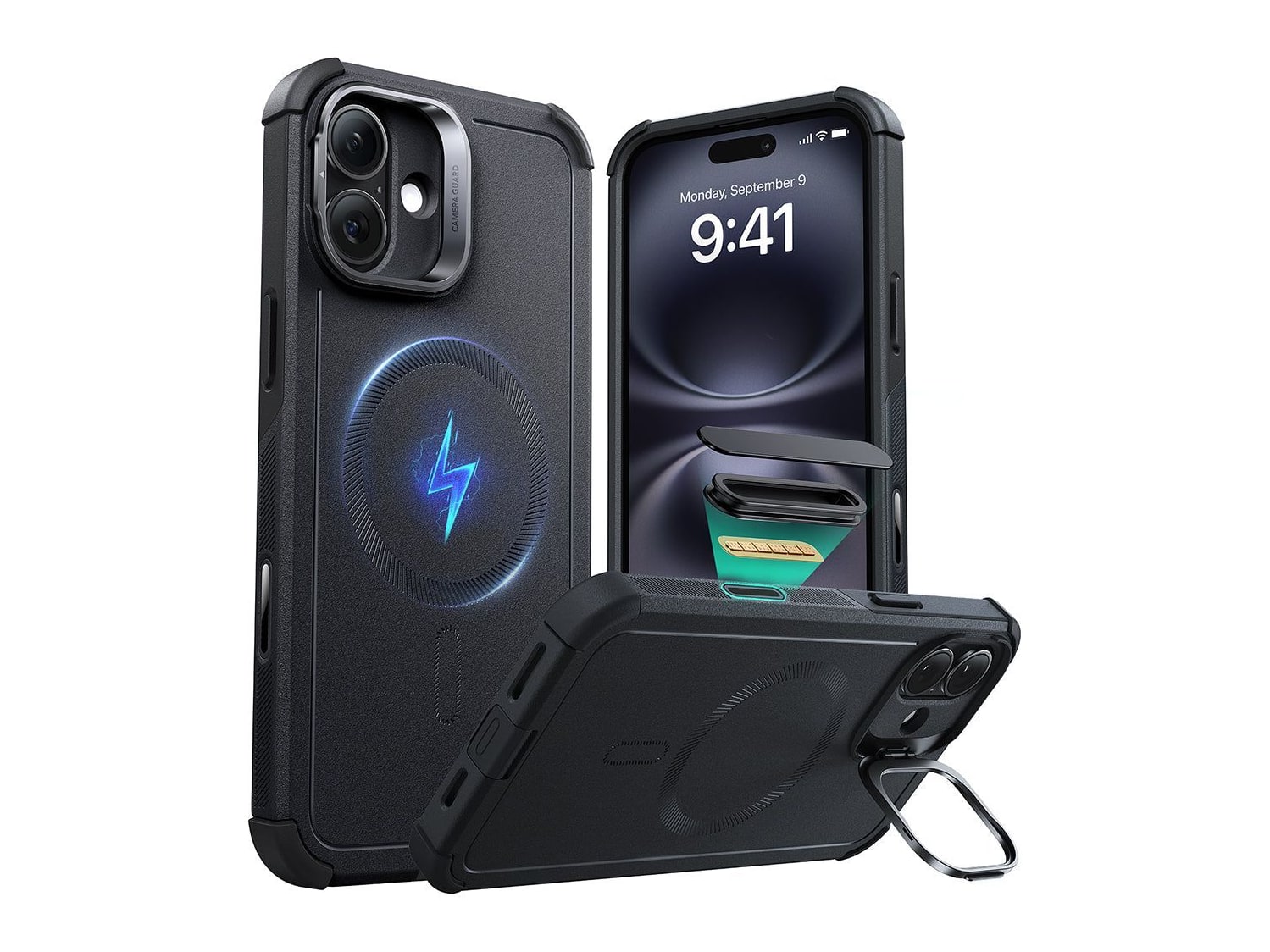 ESR - Cyber Tough Magnetic Case (Camera Control, Stash Stand) - iPhone 16 - Black