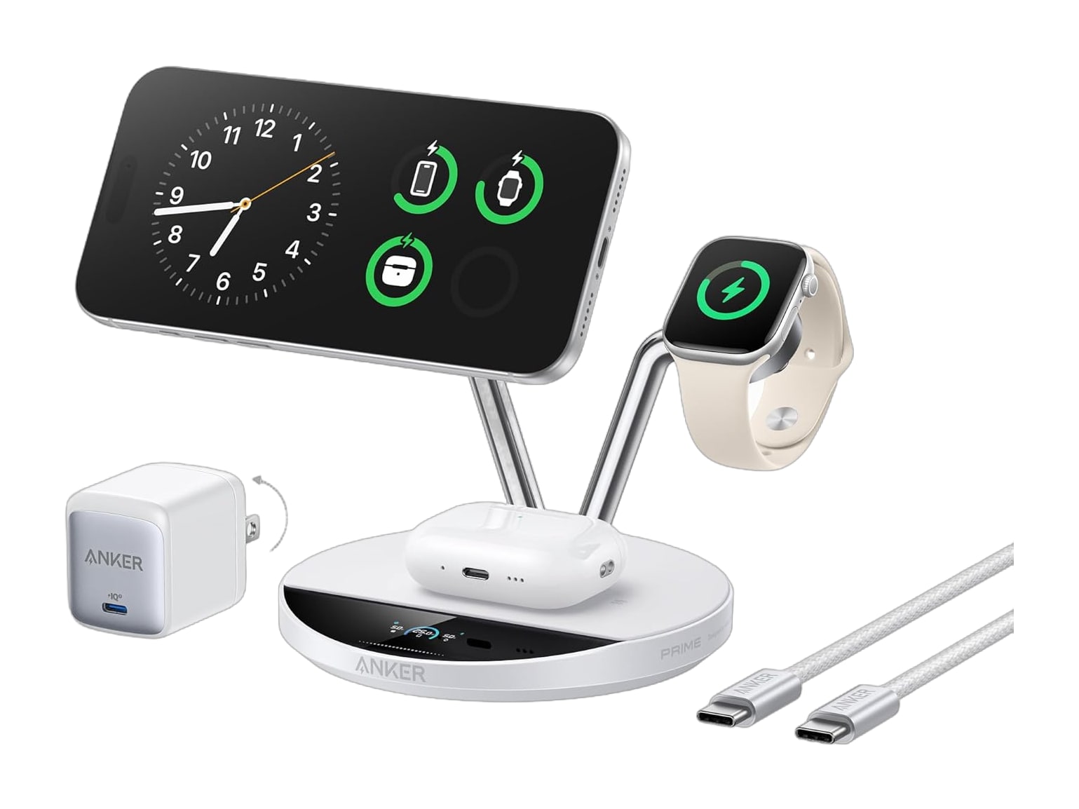 Anker - Prime Wireless Charging Station (3-in-1, MagGo, AirCool, Dock Stand) Shell White Wireless Chargers