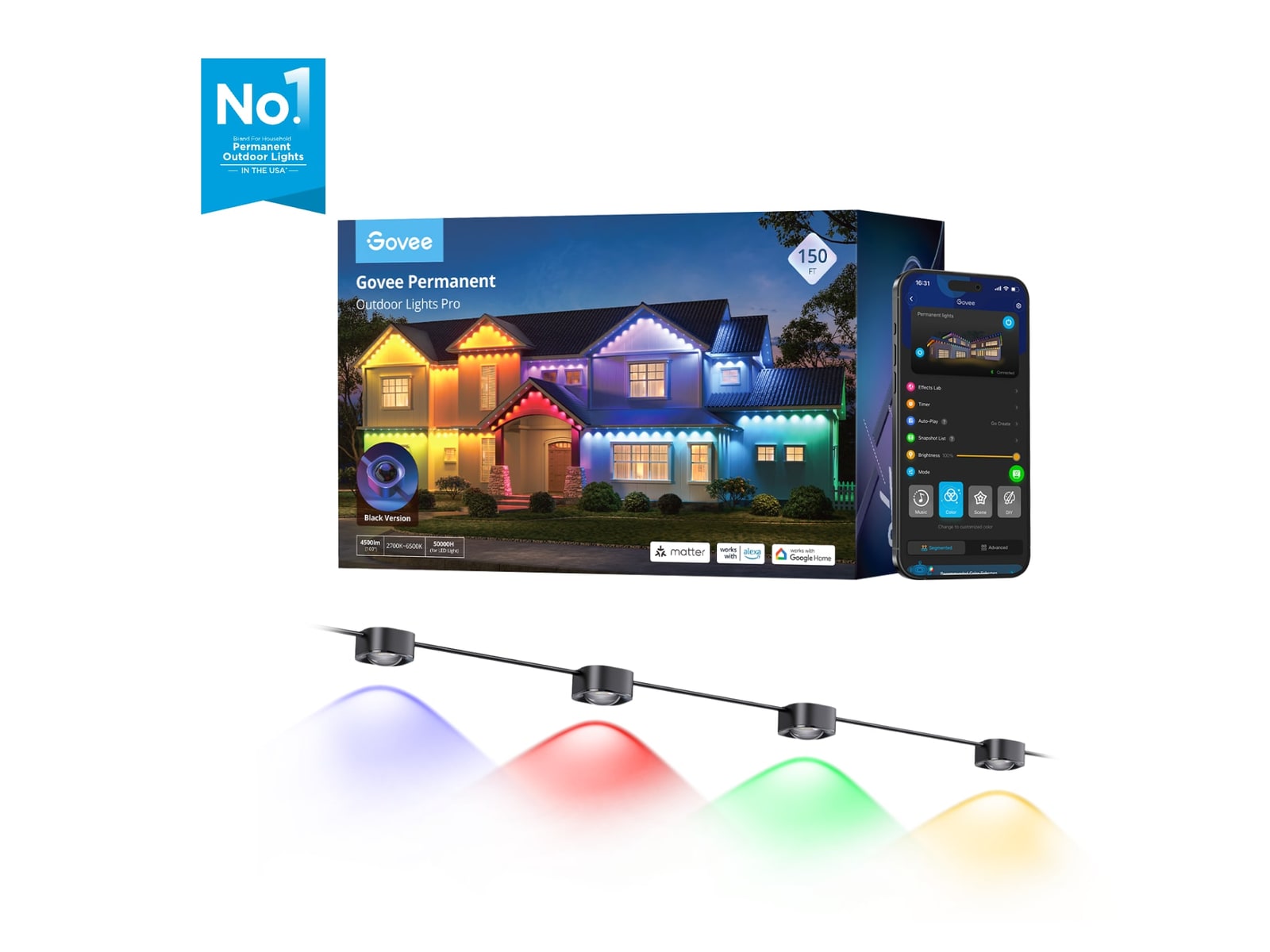 Govee - Permanent Outdoor Lights Pro 150ft Smart Lighting - Black