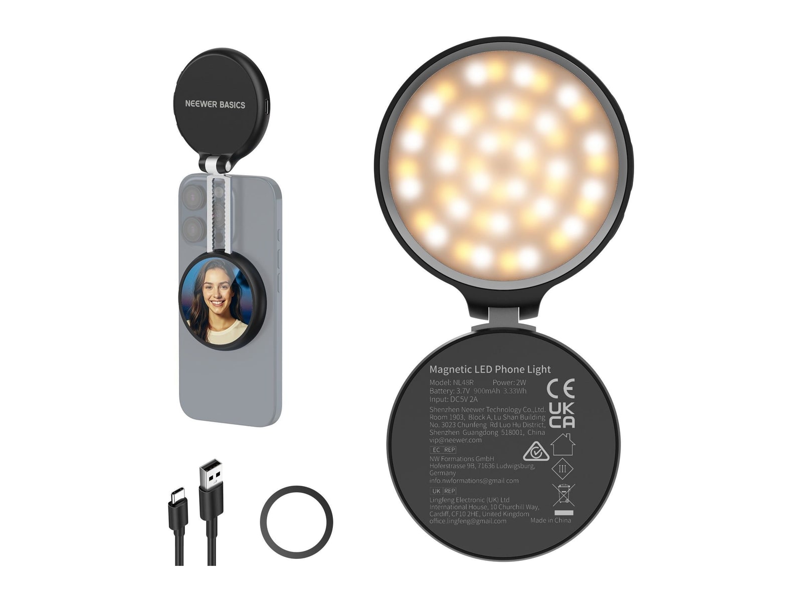 Neewer - BASICS NL48R Magnetic LED Selfie Light Camera Accessories - Black