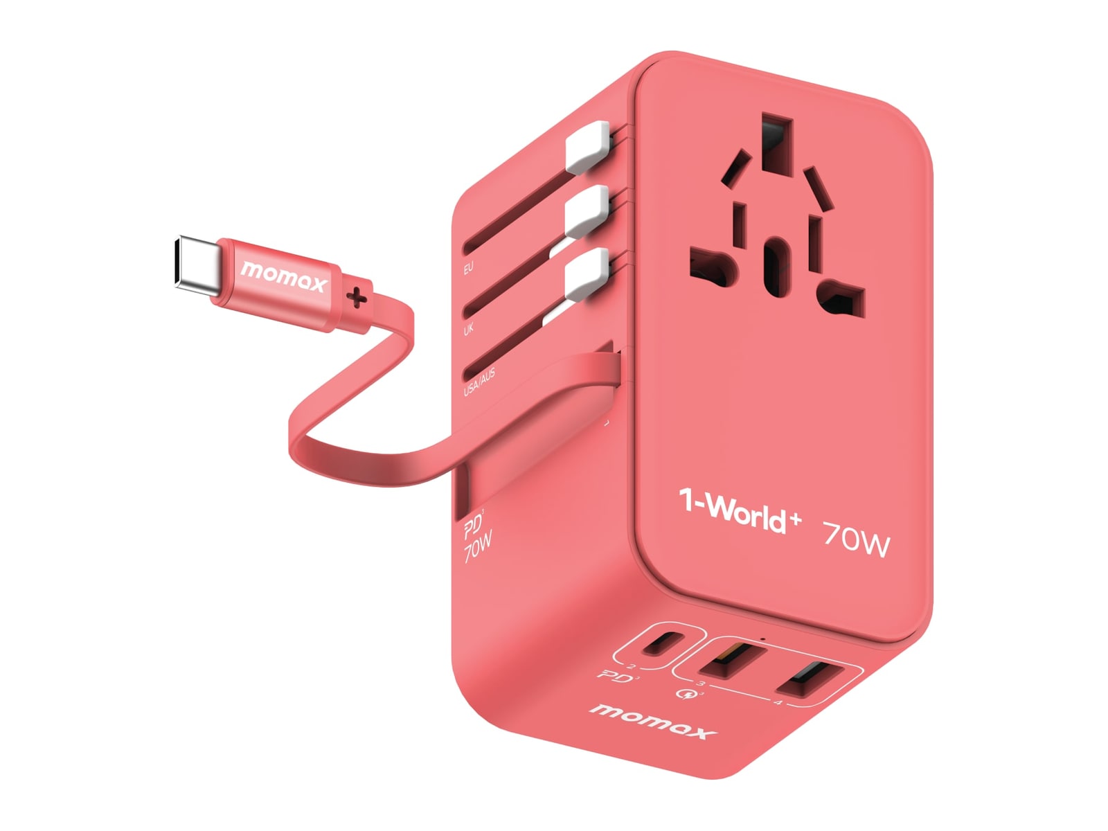 MOMAX - 1-World+ 3-Port Travel GaN Charger With Built-in USB-C Cable 70W Red Wall Chargers