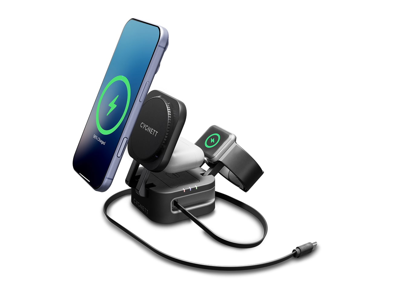 Cygnett - MagStand 3-in-1 Foldable Wireless Charger with Retractable Cable - Black Wireless Chargers