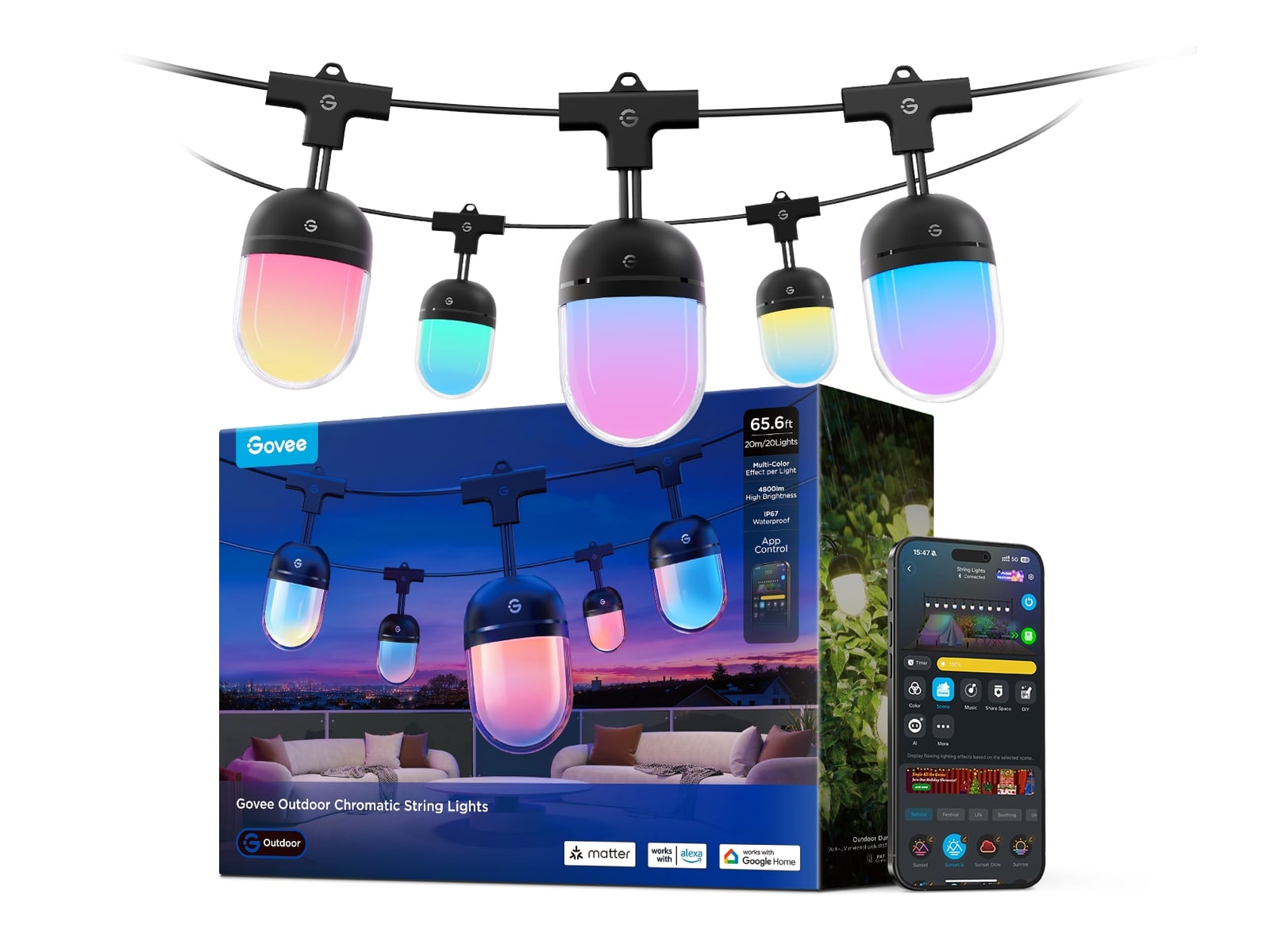 Govee - Outdoor Chromatic String Lights 65.6ft Smart Lighting