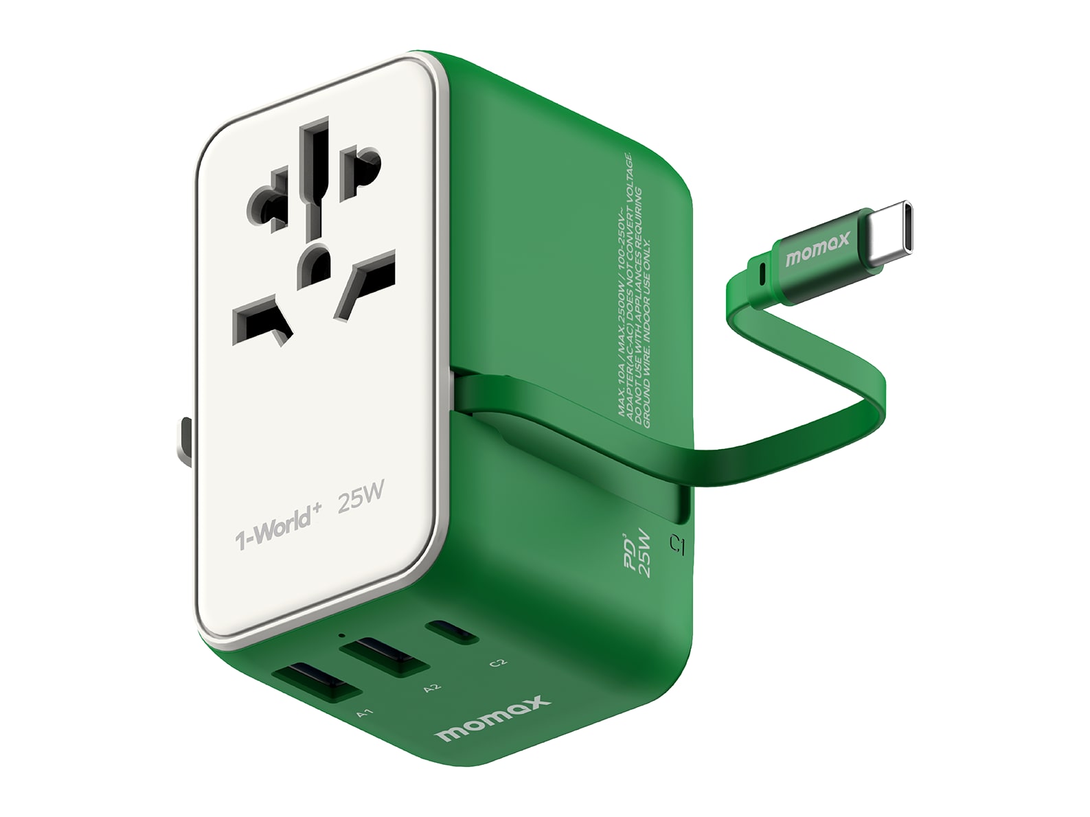MOMAX - 1-World+ 3-Port Travel Charger Built-In USB-C Cable 25W Green Wall Chargers