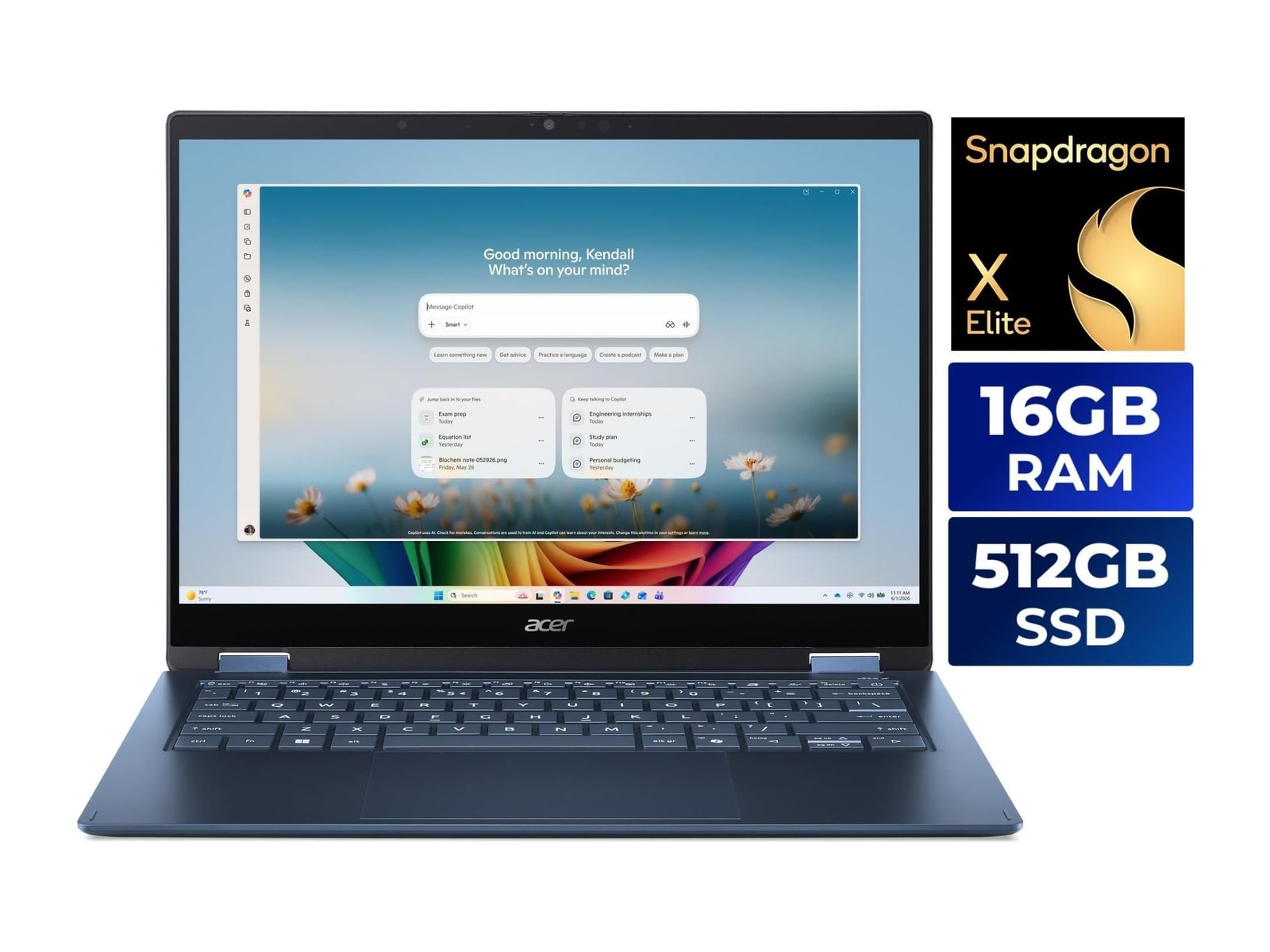 Acer - Swift Spin 14 AI SFSP14-Q51T-X867 14" - Snapdragon X2 Elite X2E-78-100 chip - 16GB Memory - 512GB SSD - Cobalt Blue