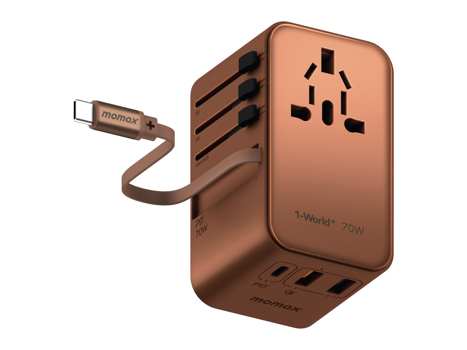 MOMAX - 1-World+ 3-Port Travel GaN Charger With Built-in USB-C Cable 70W Sandstone Wall Chargers