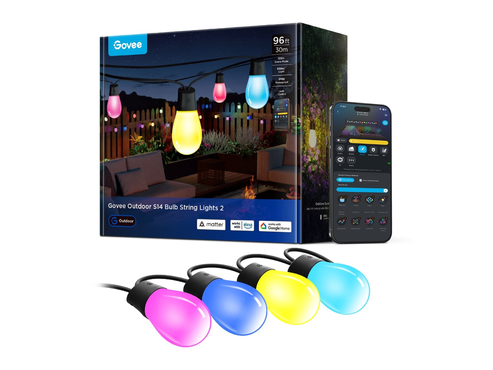 Govee - Smart Outdoor S14 Bulb String Lights 2 96ft Smart Lighting