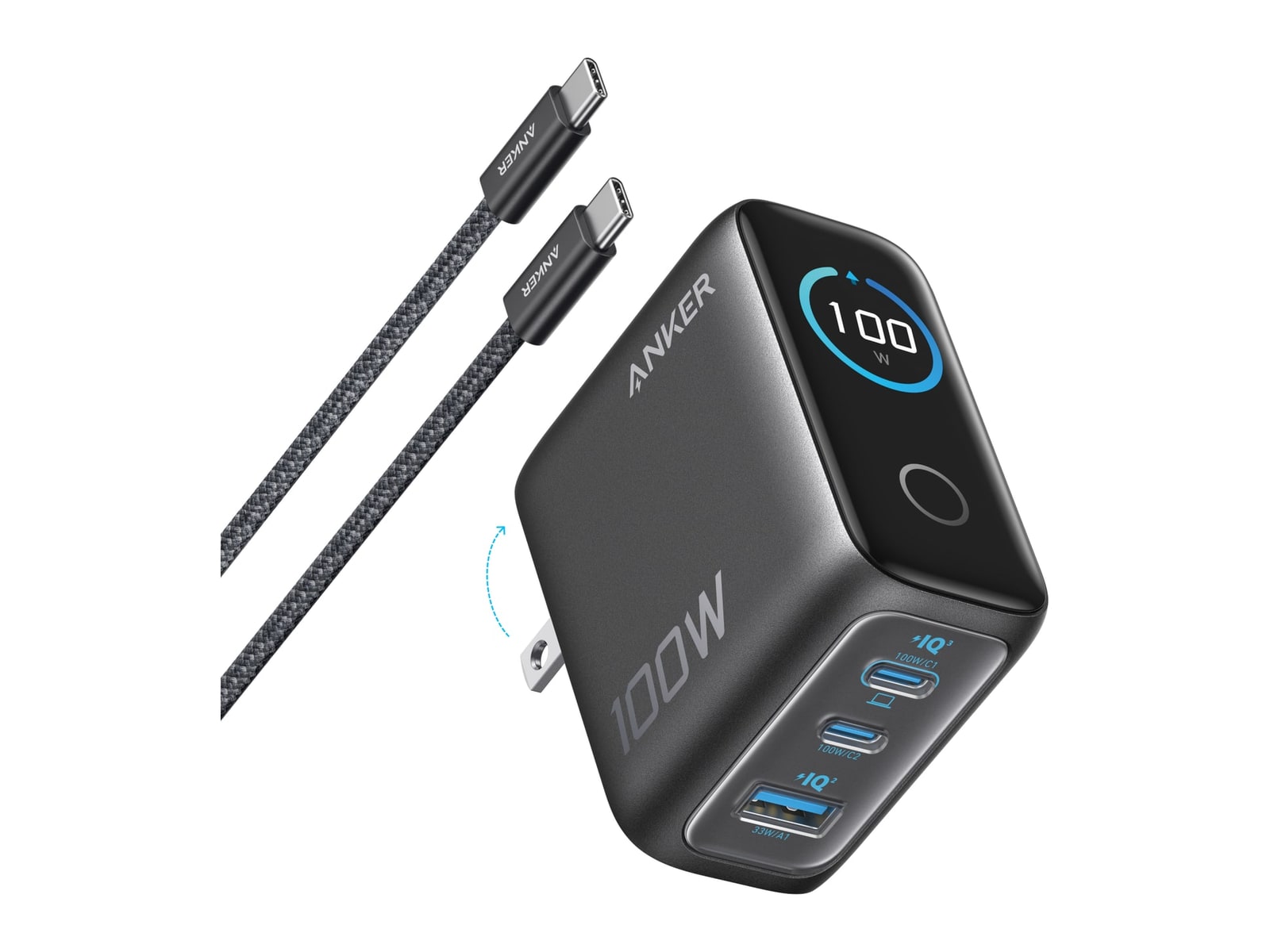 Anker - Charger (100W, 3 Ports, Smart Display) Space Black Wall Chargers