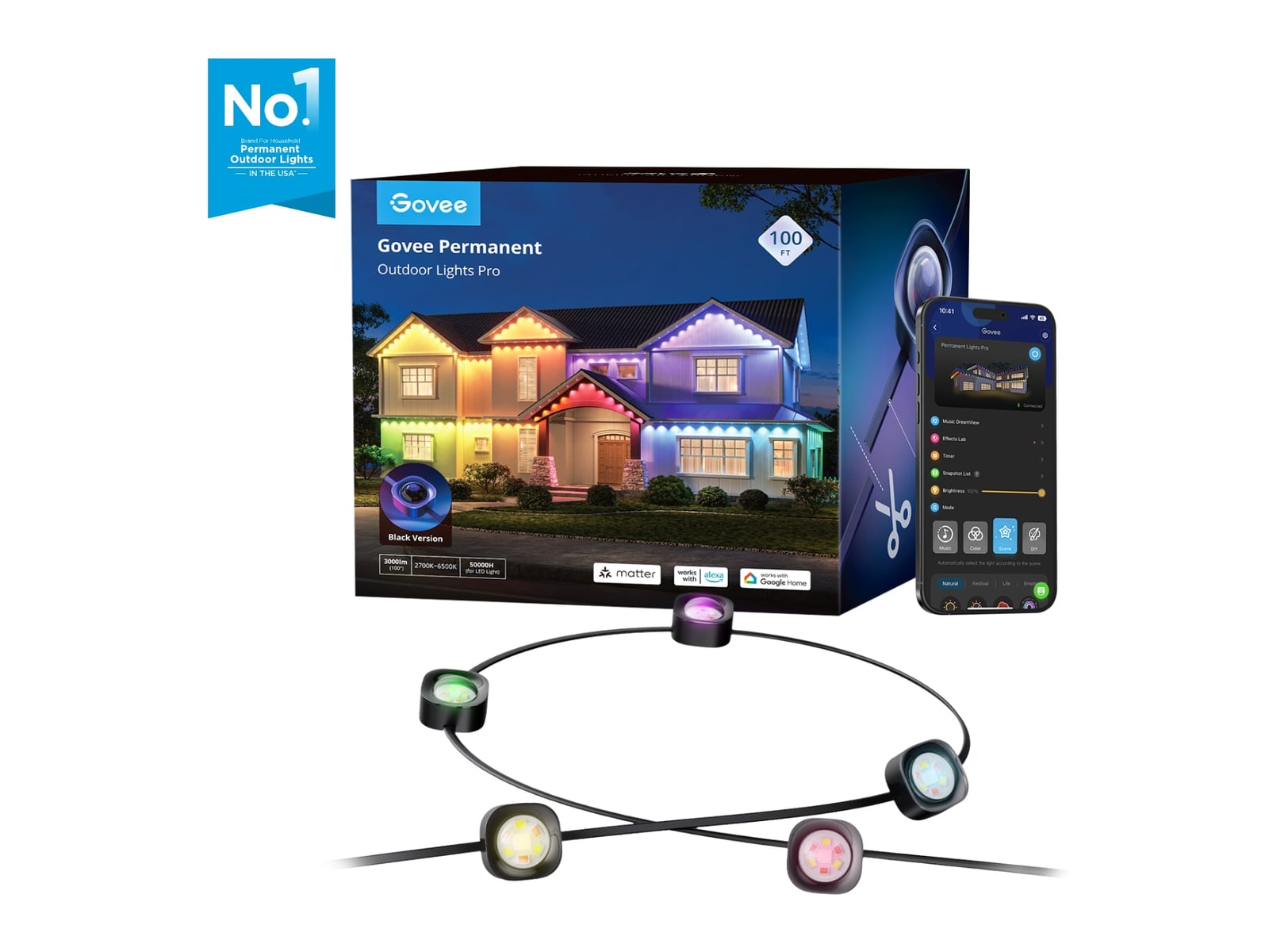 Govee - Permanent Outdoor Lights Pro 100ft Smart Lighting - Black