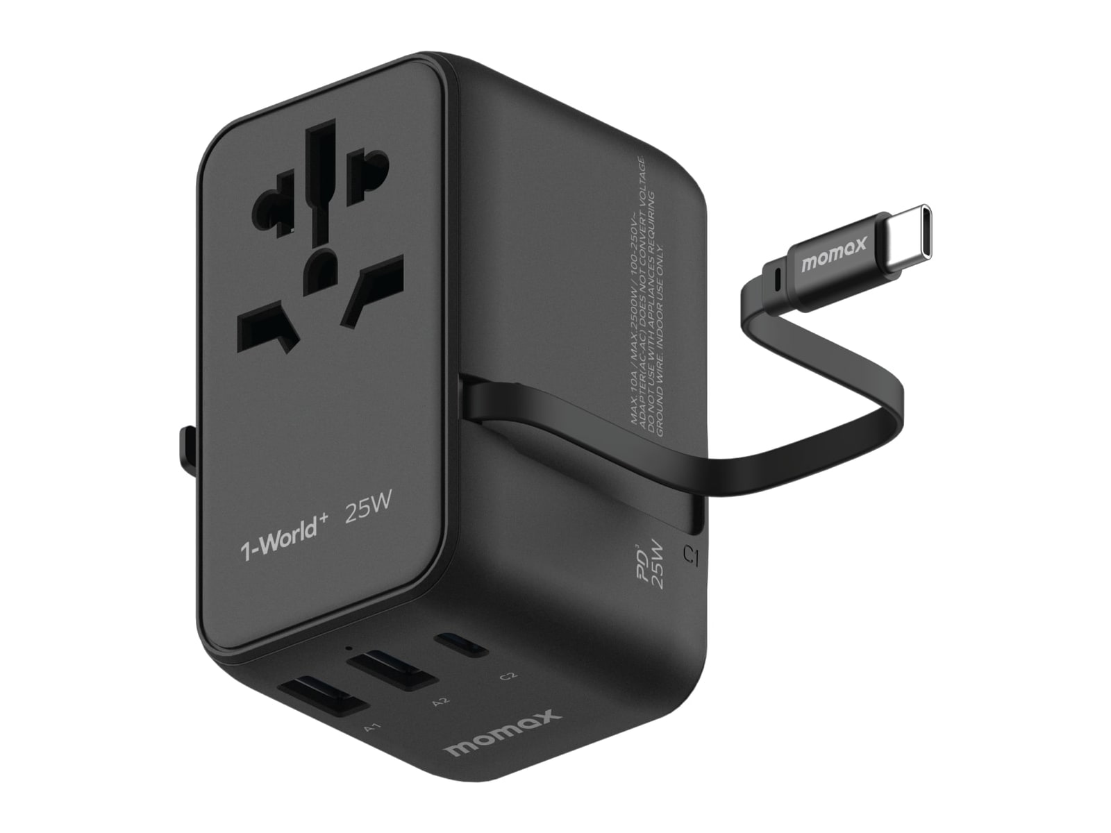 MOMAX - 1-World+ 3-Port Travel Charger Built-In USB-C Cable 25W Black Wall Chargers