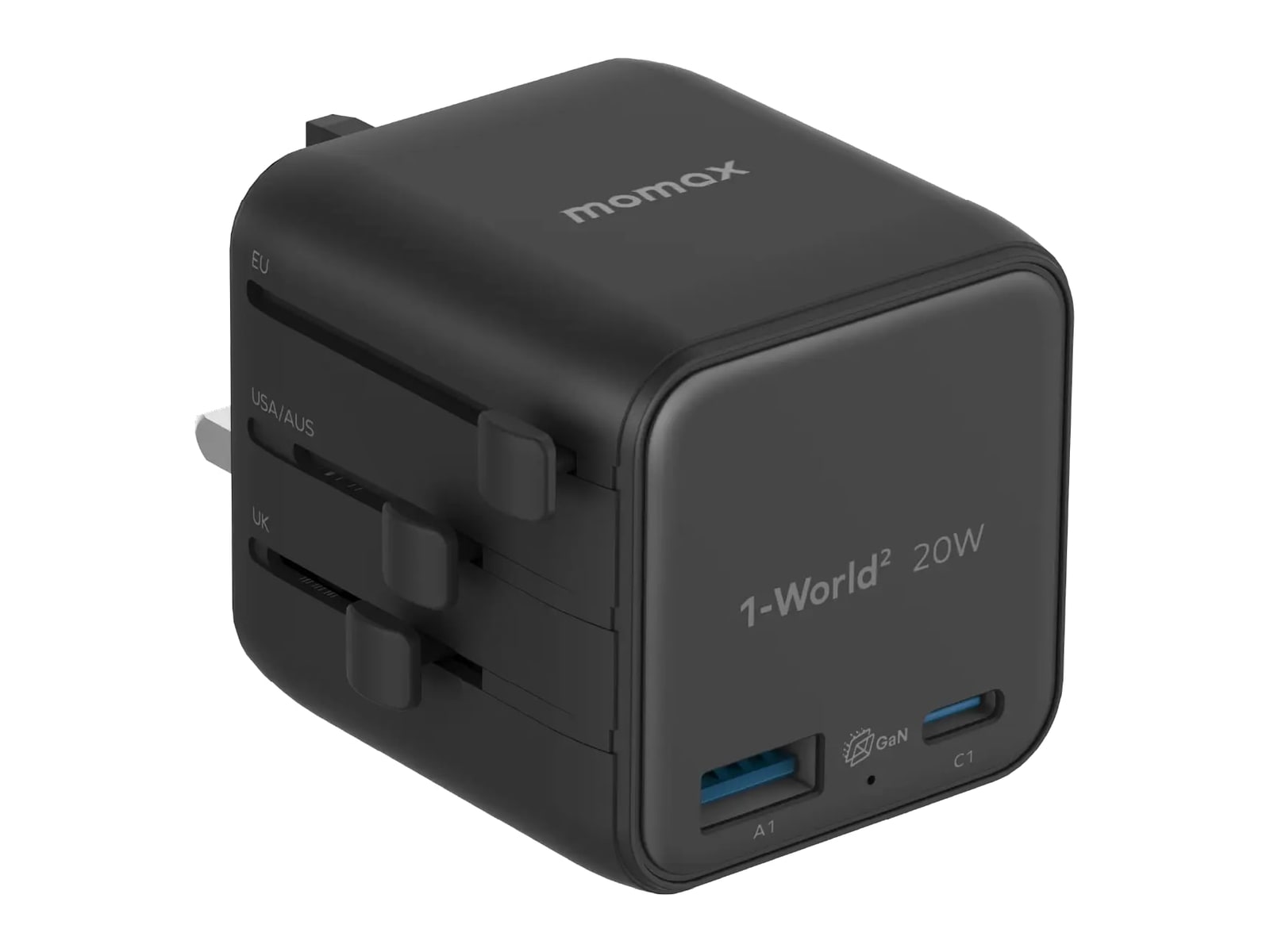 MOMAX - 1-World2 2-Port USB-A and USB-C GaN Travel Charger 20W Black Wall Chargers