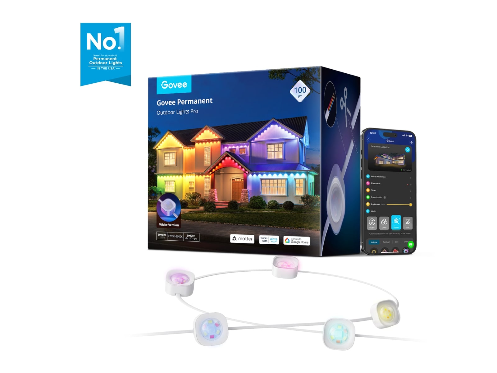 Govee - Permanent Outdoor Lights Pro 100ft Smart Lighting - White