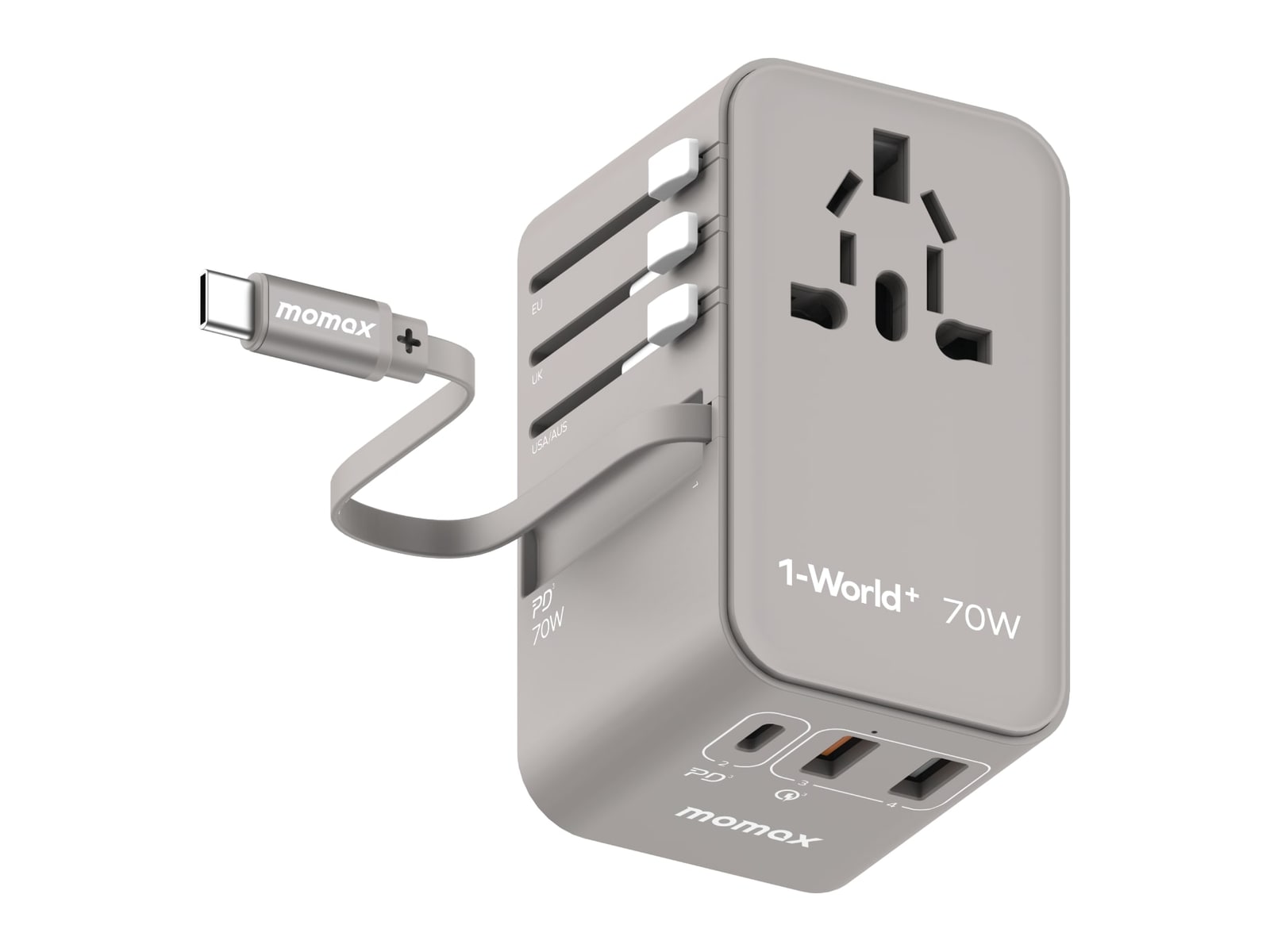 MOMAX - 1-World+ 3-Port Travel GaN Charger With Built-in USB-C Cable 70W Gray Wall Chargers