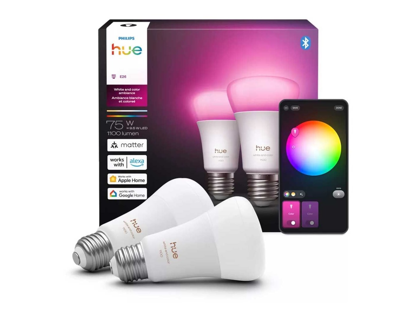 Philips - Hue A19 E26 White & Color Ambiance Smart Bulb 2-Pack Smart Lighting - White