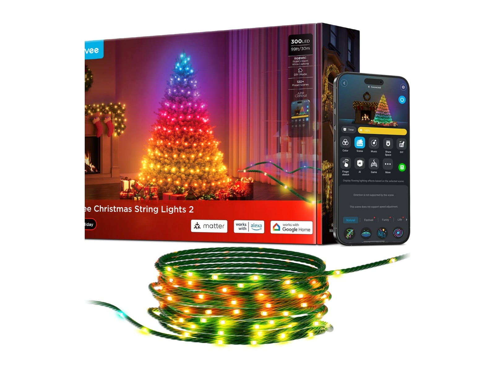 Govee - Christmas String Lights 2 99ft Green String Light Only Smart Lighting