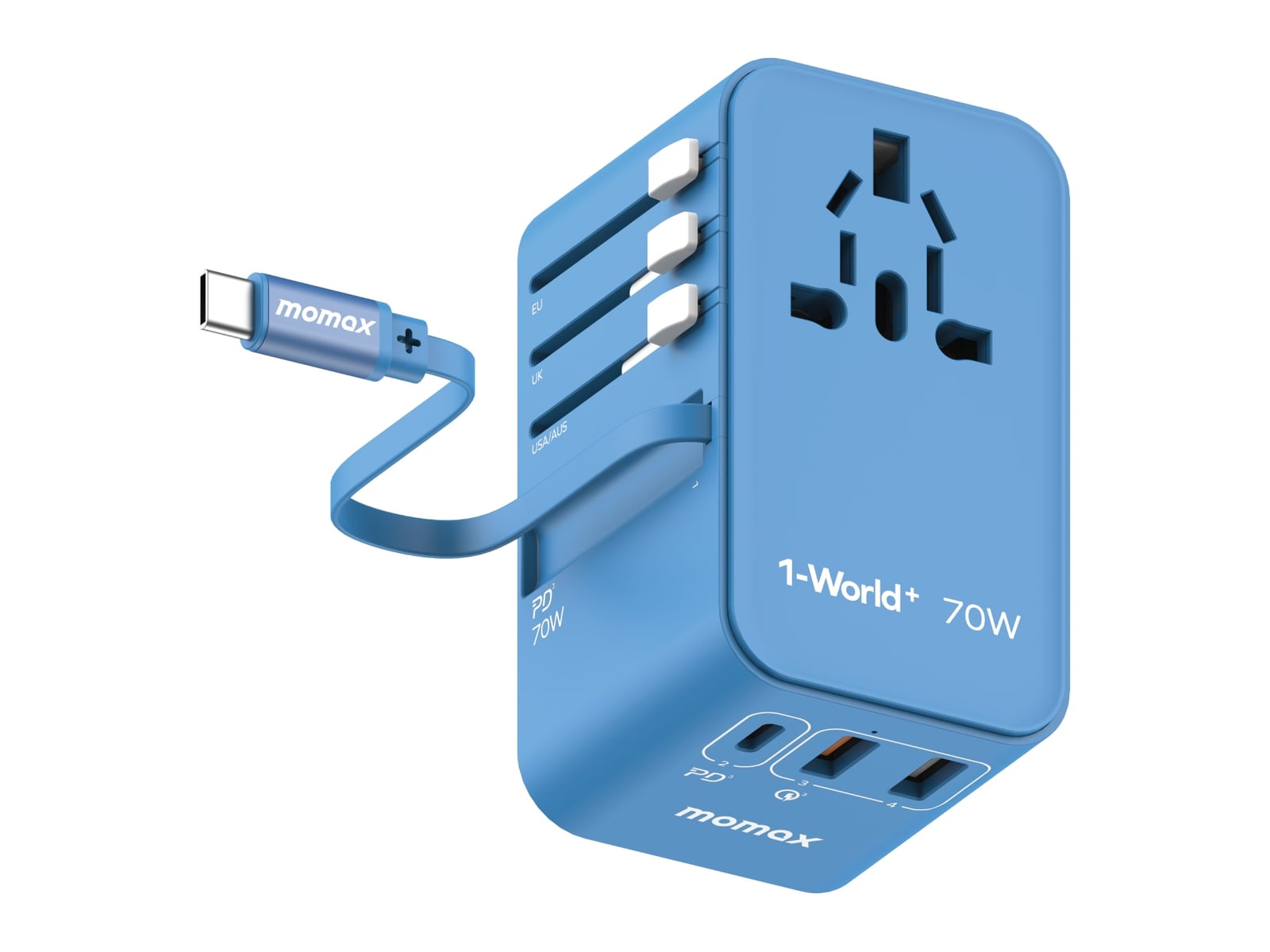 MOMAX - 1-World+ 3-Port Travel GaN Charger With Built-in USB-C Cable 70W Azure Blue Wall Chargers
