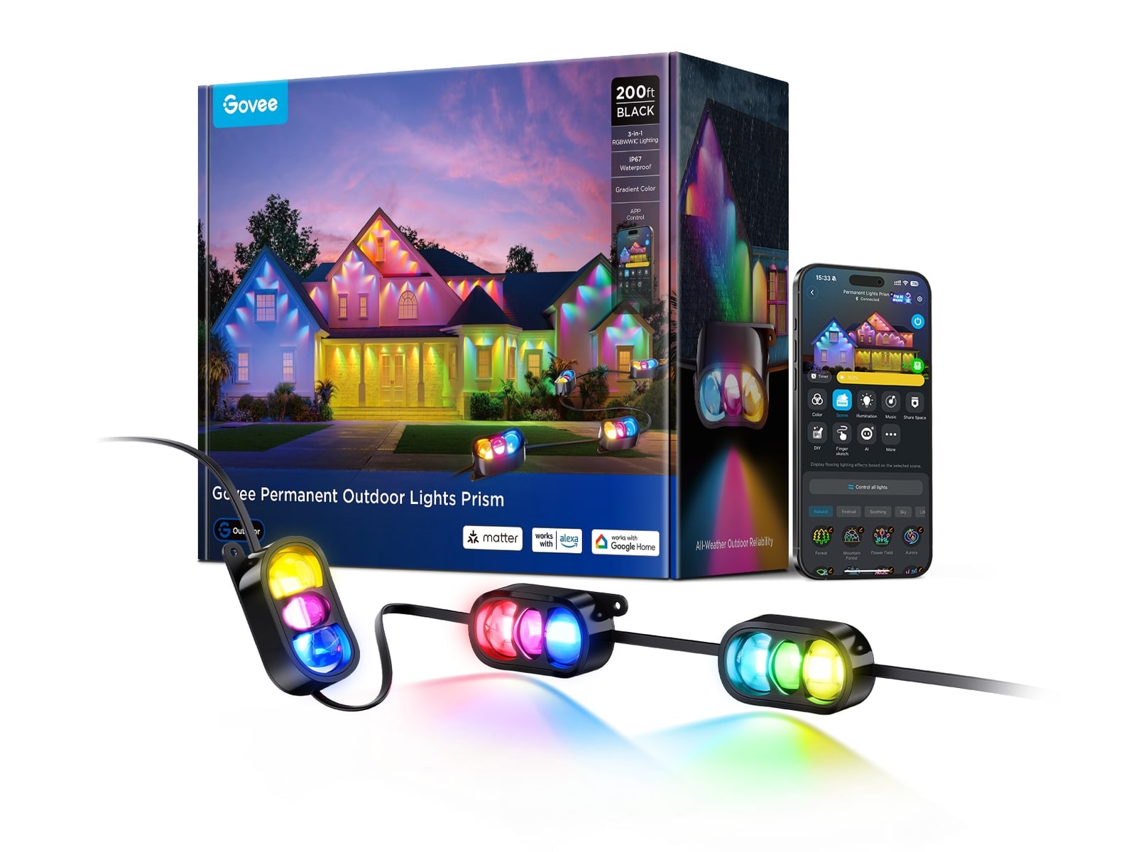 Govee - Permanent Outdoor Lights Prism 200ft Smart Lighting - Black