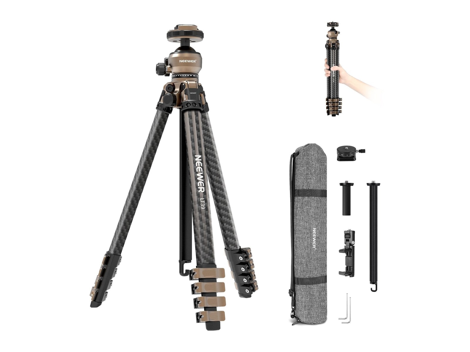 Neewer - LT39 62.4" Carbon Fiber Travel Tripod Camera Accessories