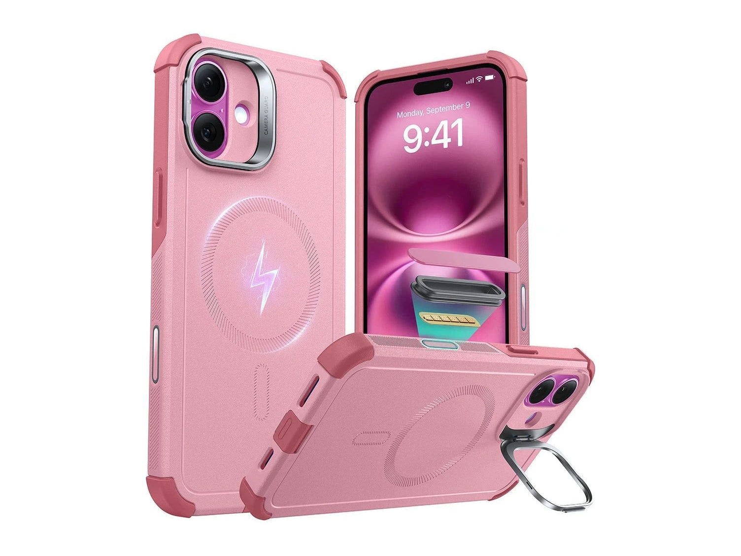 ESR - Cyber Tough Magnetic Case (Camera Control, Stash Stand) - iPhone 16 Plus - Pink
