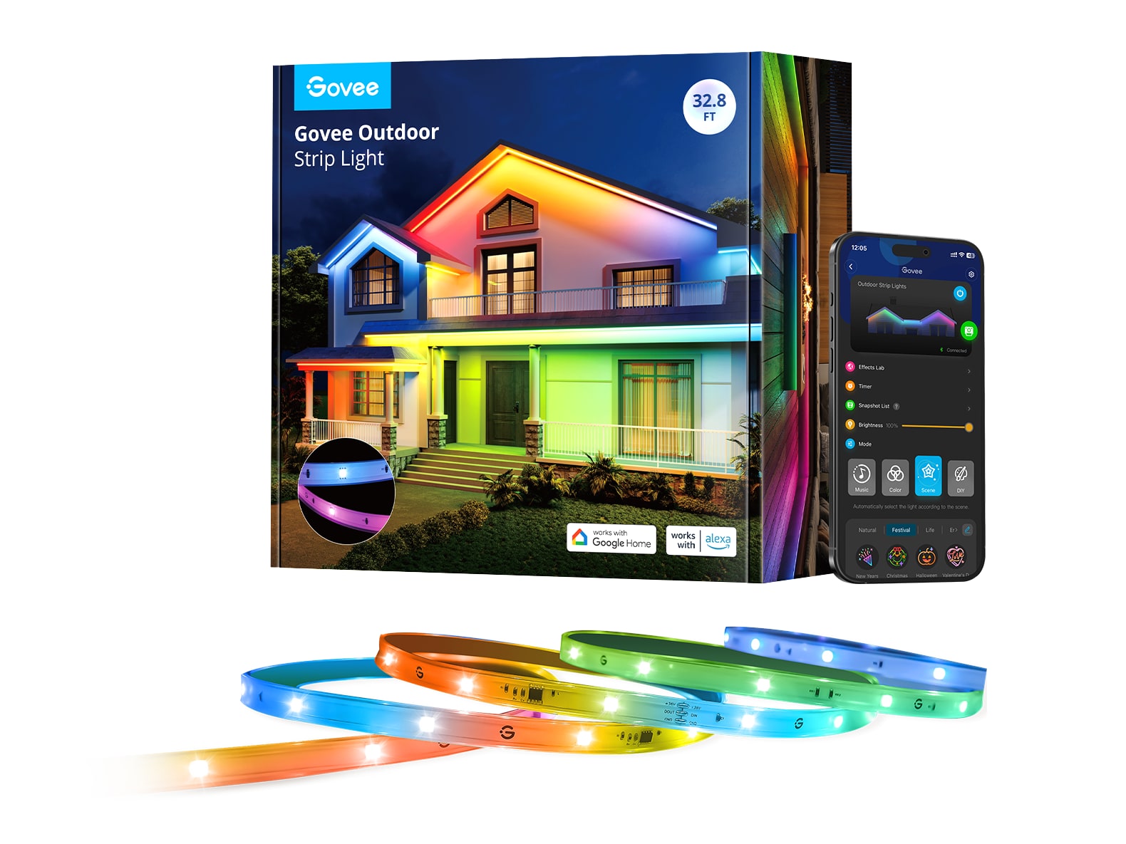 Govee - Wi-Fi RGBIC Outdoor Strip Lights 32.8ft Smart Lighting