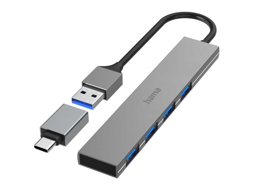 Hama - Slim 4 Ports with USB-C Adapter USB Hubs - Gray