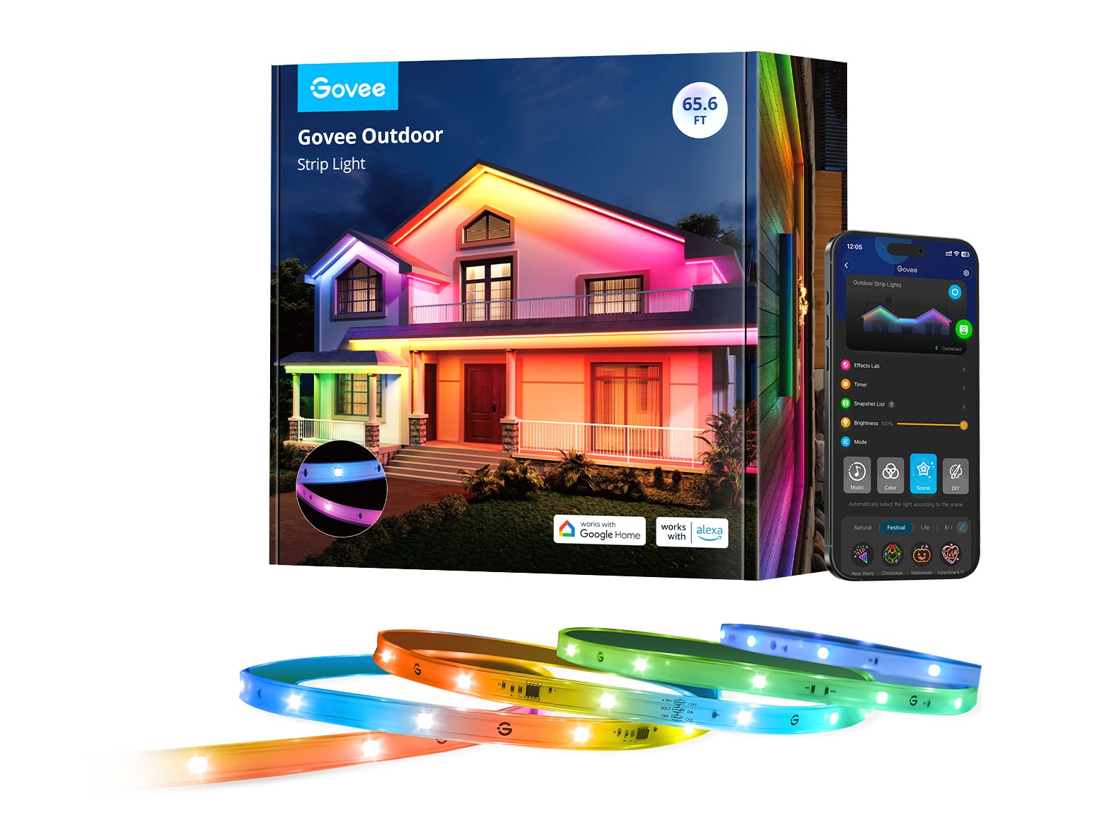 Govee - Wi-Fi RGBIC Outdoor Strip Lights 65.6ft Smart Lighting