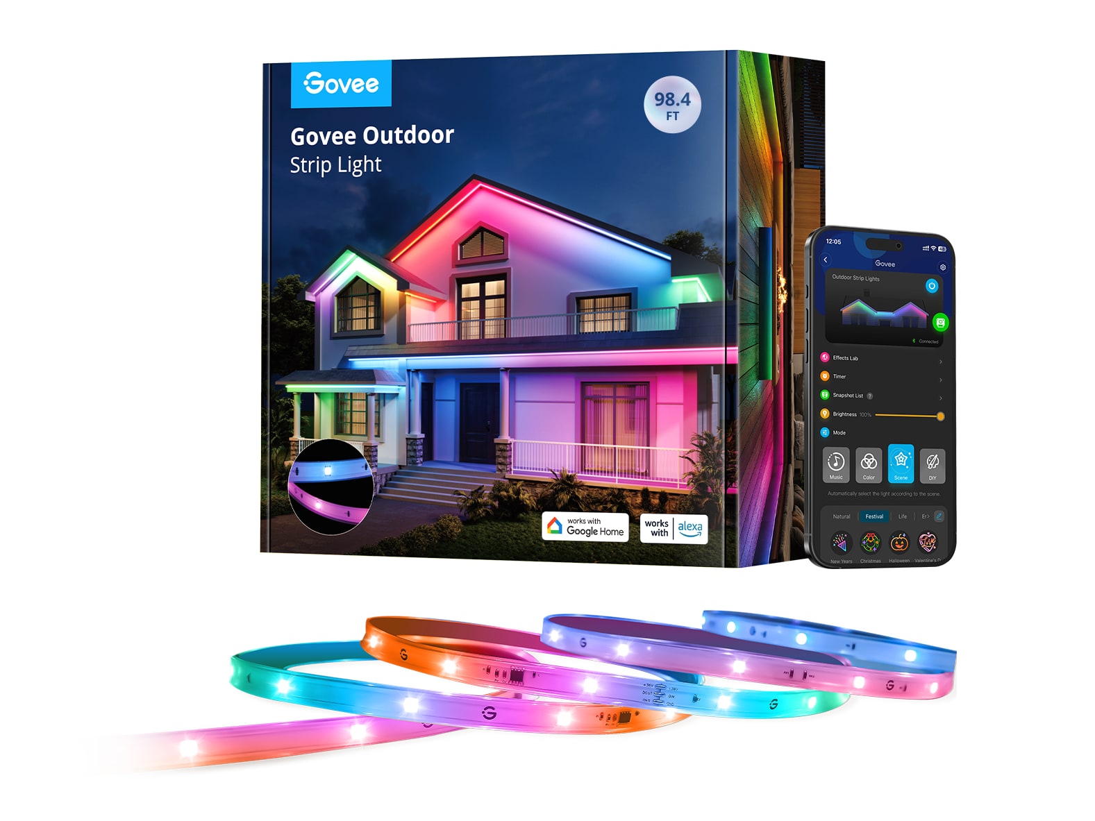 Govee - Wi-Fi RGBIC Outdoor Strip Lights 98.4ft Smart Lighting
