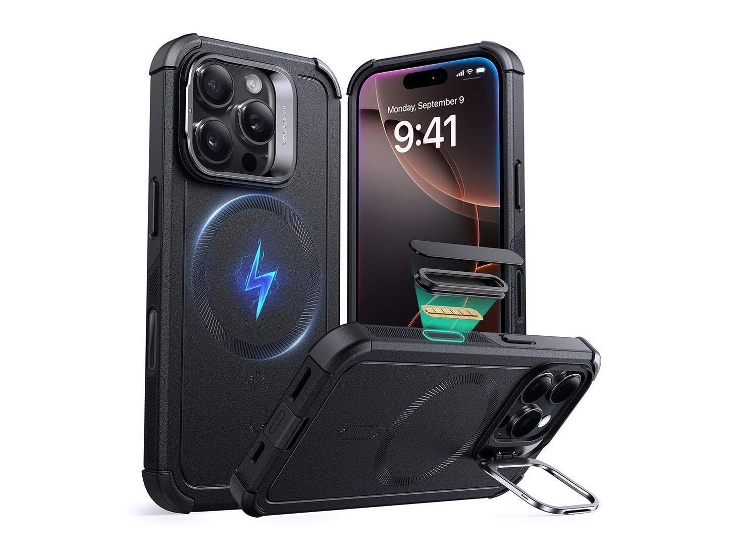 ESR - Cyber Tough Magnetic Case (Camera Control, Stash Stand) - iPhone 16 Pro - Black