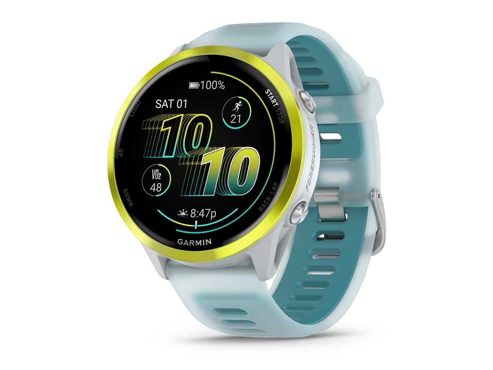 Garmin - Forerunner 570 - 47mm, Amp Yellow Aluminum with Translucent Whitestone/Turquoise Band Smart Watches - Yellow