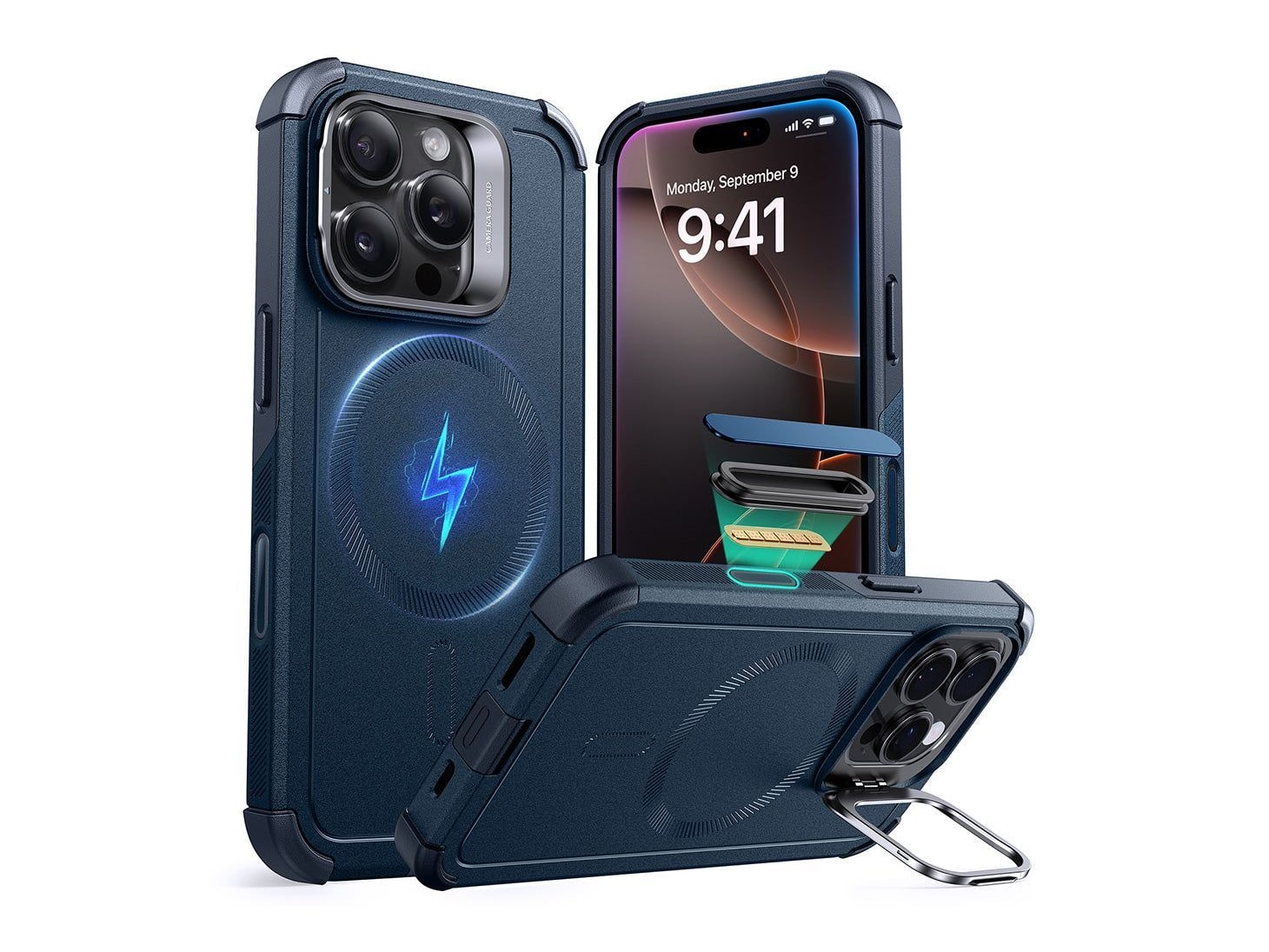 ESR - Cyber Tough Magnetic Case (Camera Control, Stash Stand) - iPhone 16 Pro Max - Navy Blue