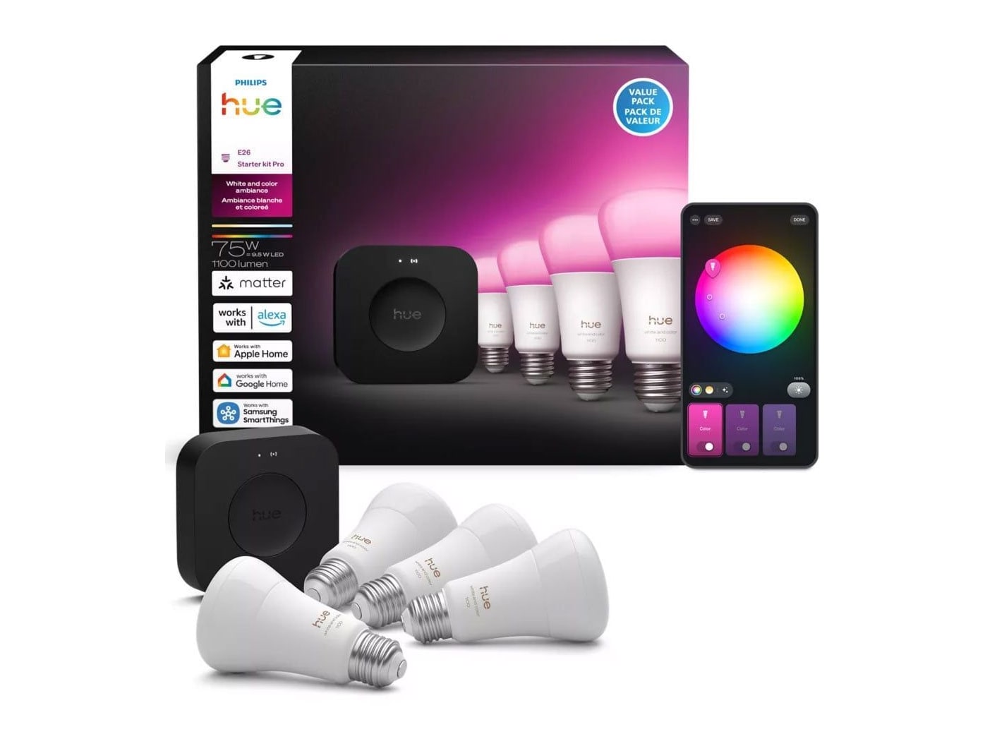 Philips - Hue Starter Kit with Bridge Pro and 4 E26 White & Color Bulbs Smart Lighting