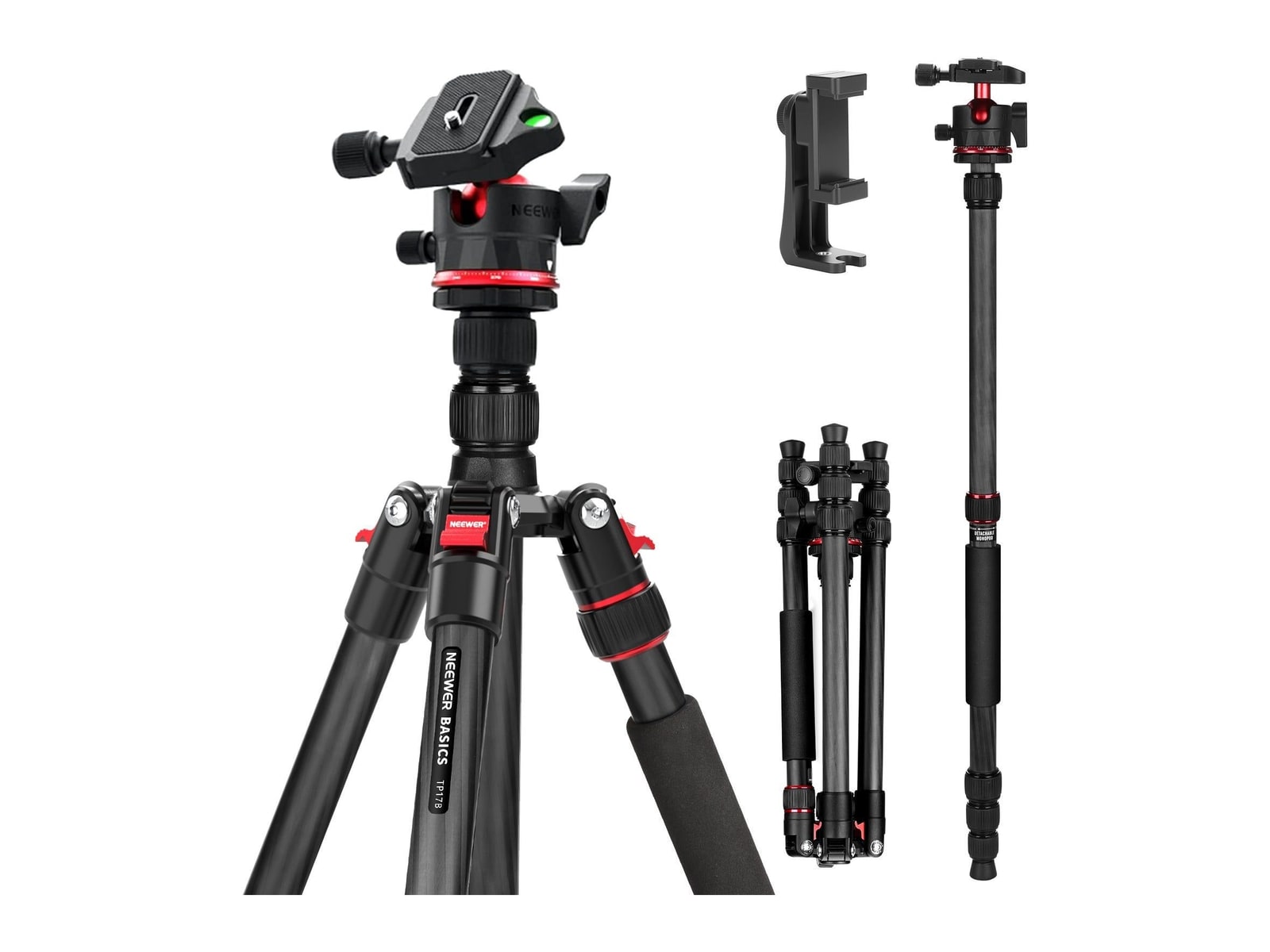 Neewer - BASICS TP17B 64"/162cm Carbon Fiber Travel Tripod Monopod Camera Accessories