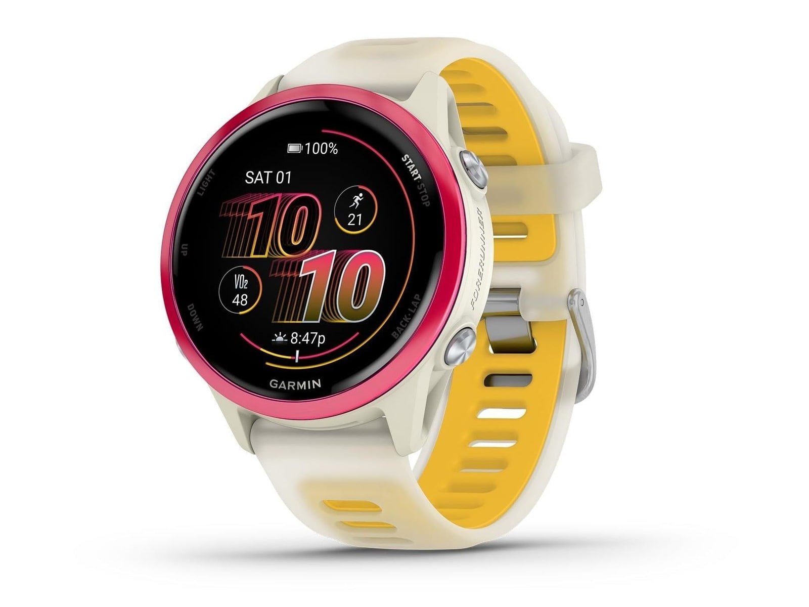 Garmin - Forerunner 570 - 42mm, Raspberry Aluminum with Translucent Bone/Mango Band Smart Watches - Red