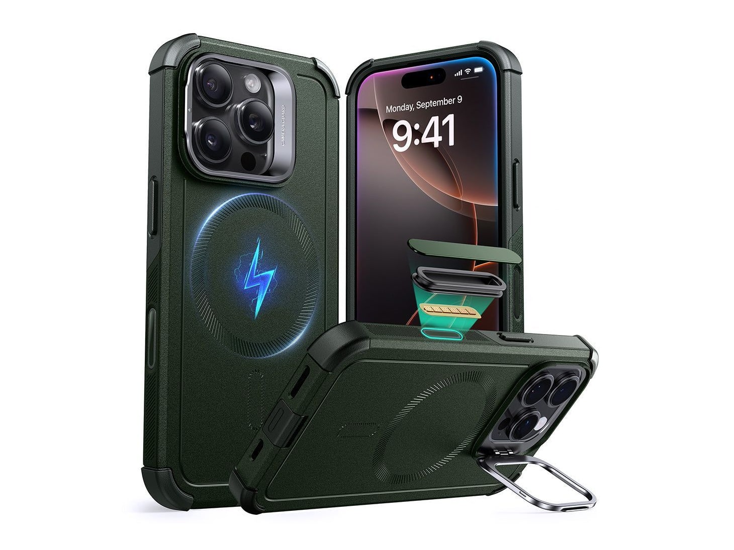 ESR - Cyber Tough Magnetic Case (Camera Control, Stash Stand) - iPhone 16 Pro Max - Army Green