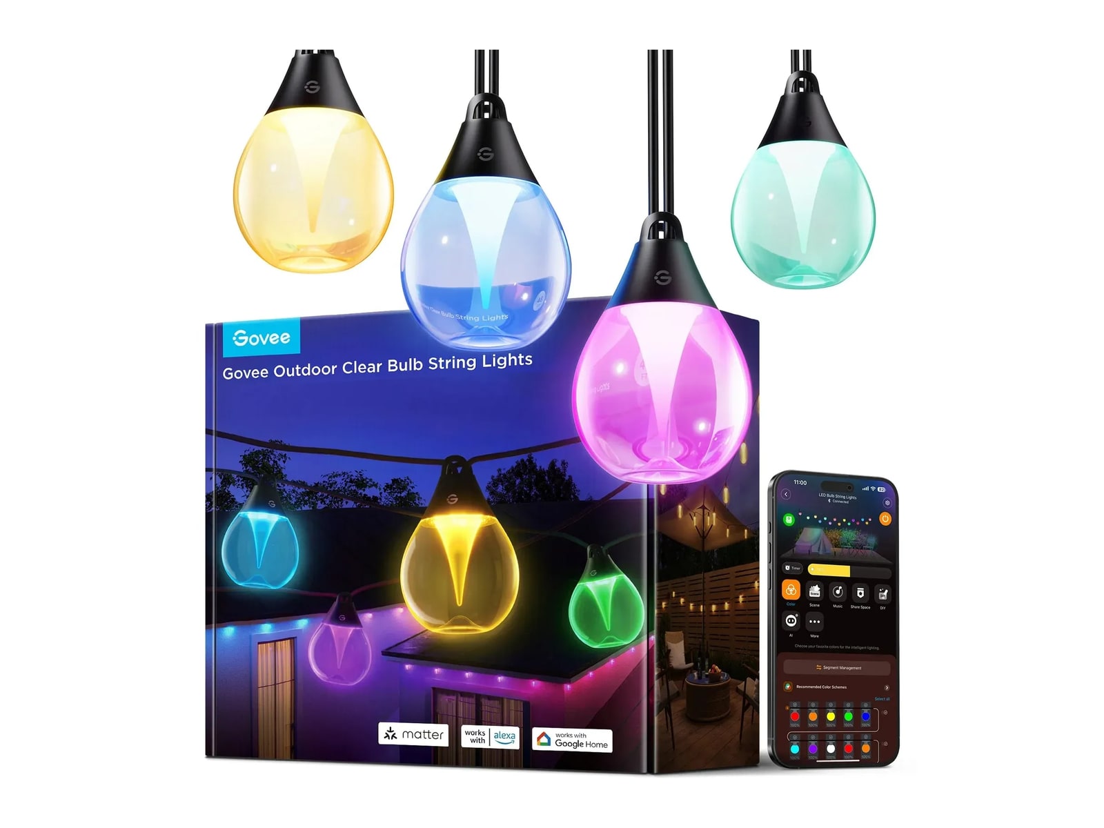 Govee - Outdoor Clear Bulb String Lights 48 ft Smart Lighting - Multicolor