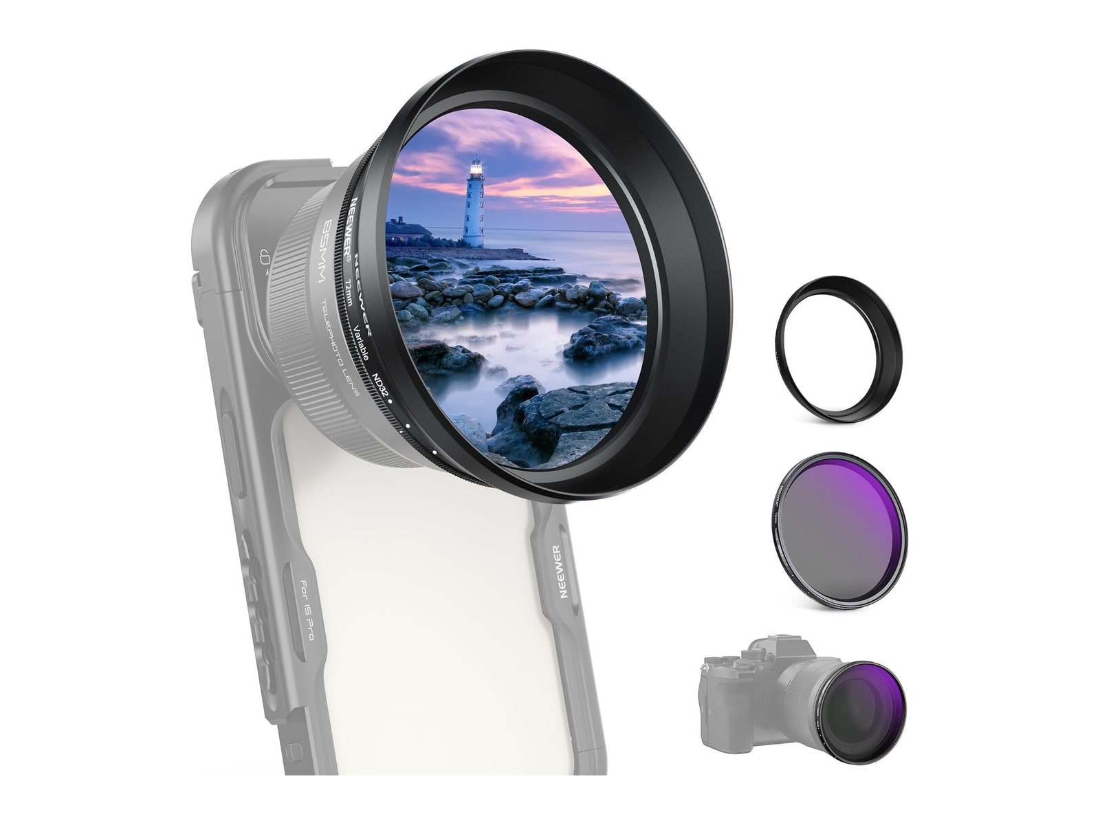 Neewer - 72mm Variable ND2-32 Filter with Lens Hood for 85mm Telephoto Phone Lens Camera Accessories