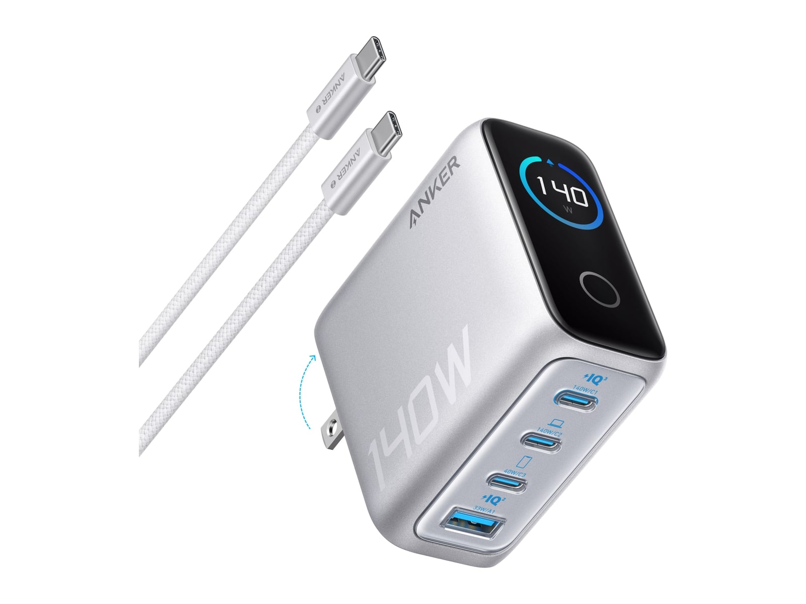 Anker - Charger (140W, 4-Port, PD 3.1) with USB-C Cable Silver Wall Chargers