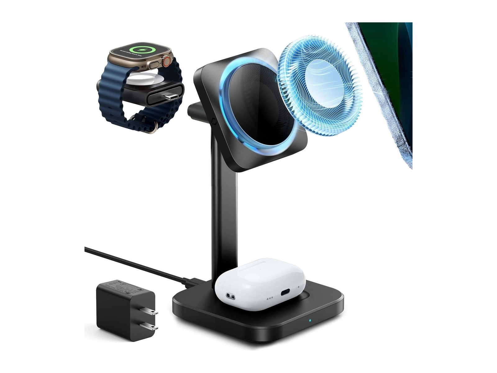 ESR - 15W 3-in-1 Wireless Charging Station with CryoBoost (HaloLock) - Black Wireless Chargers