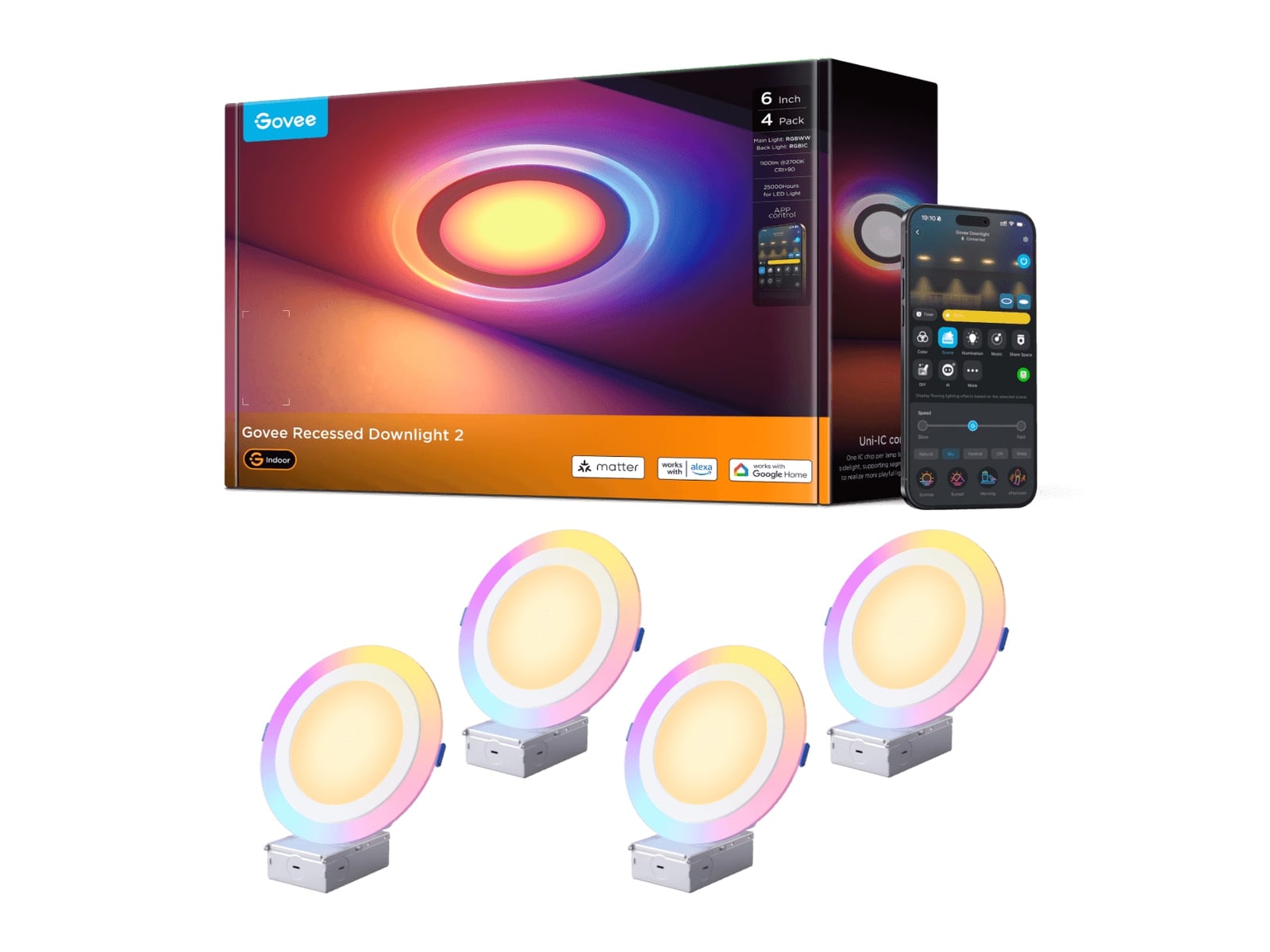 Govee - Smart Recessed Lights Pro with Night Light 6-Inch 4 Pack Smart Lighting
